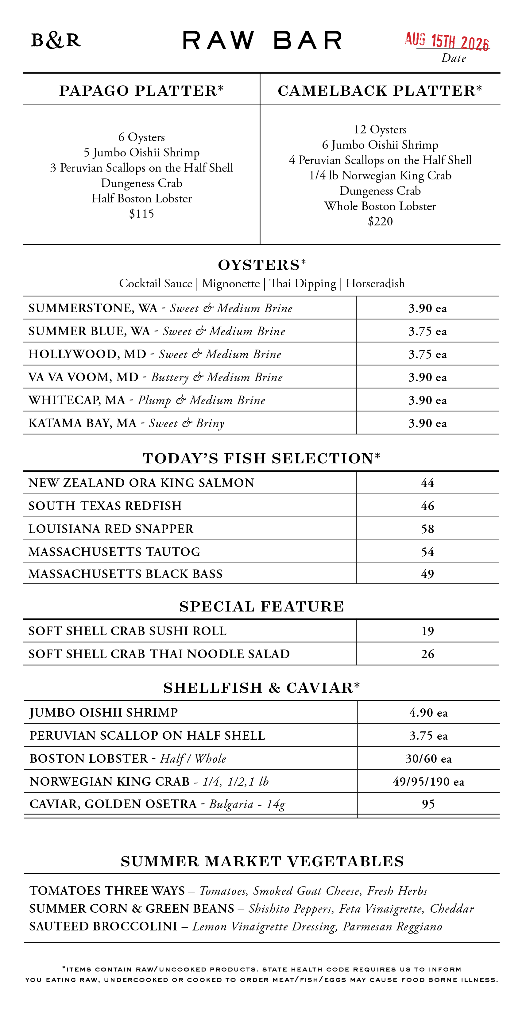 Raw Bar Menu