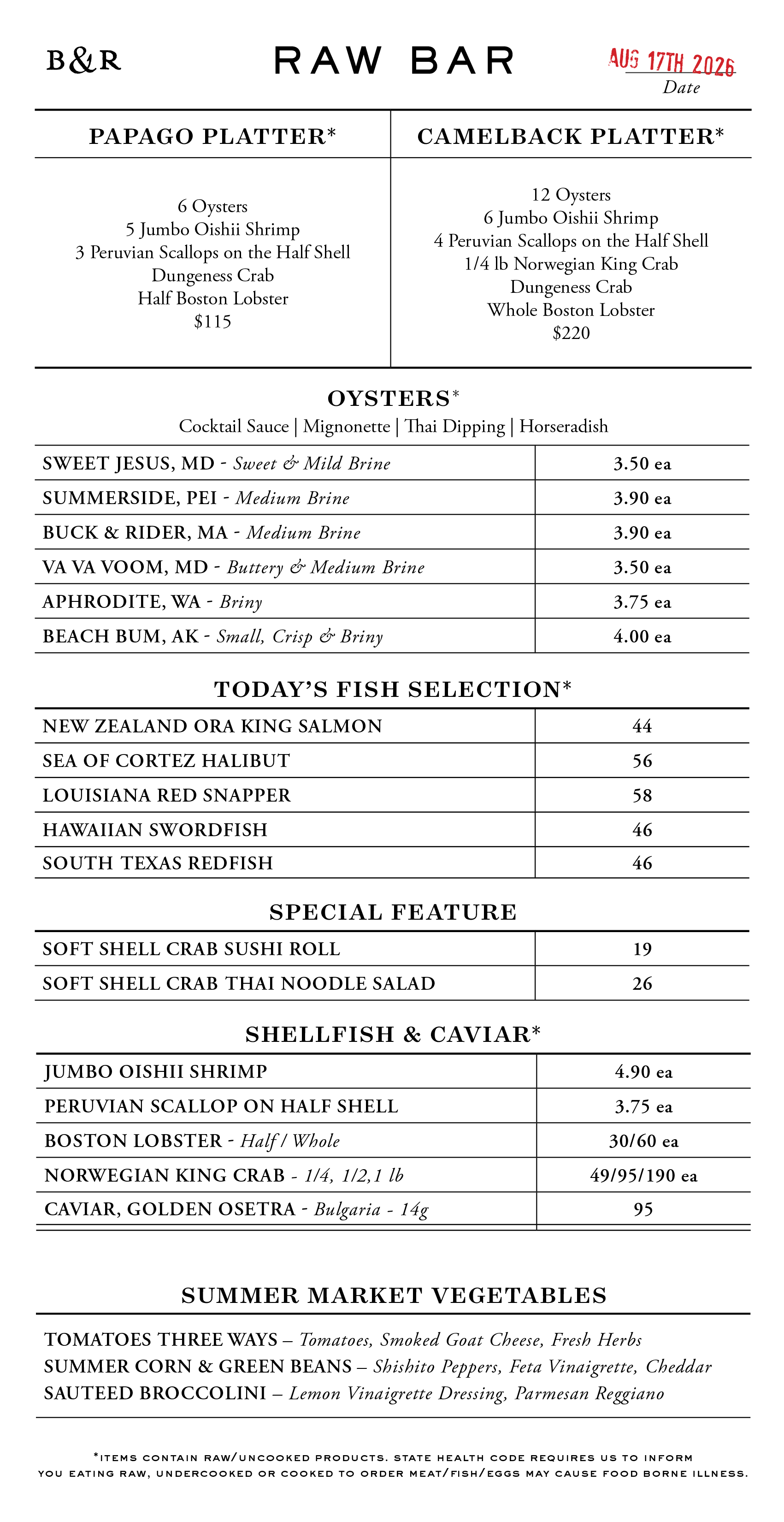 Raw Bar Menu