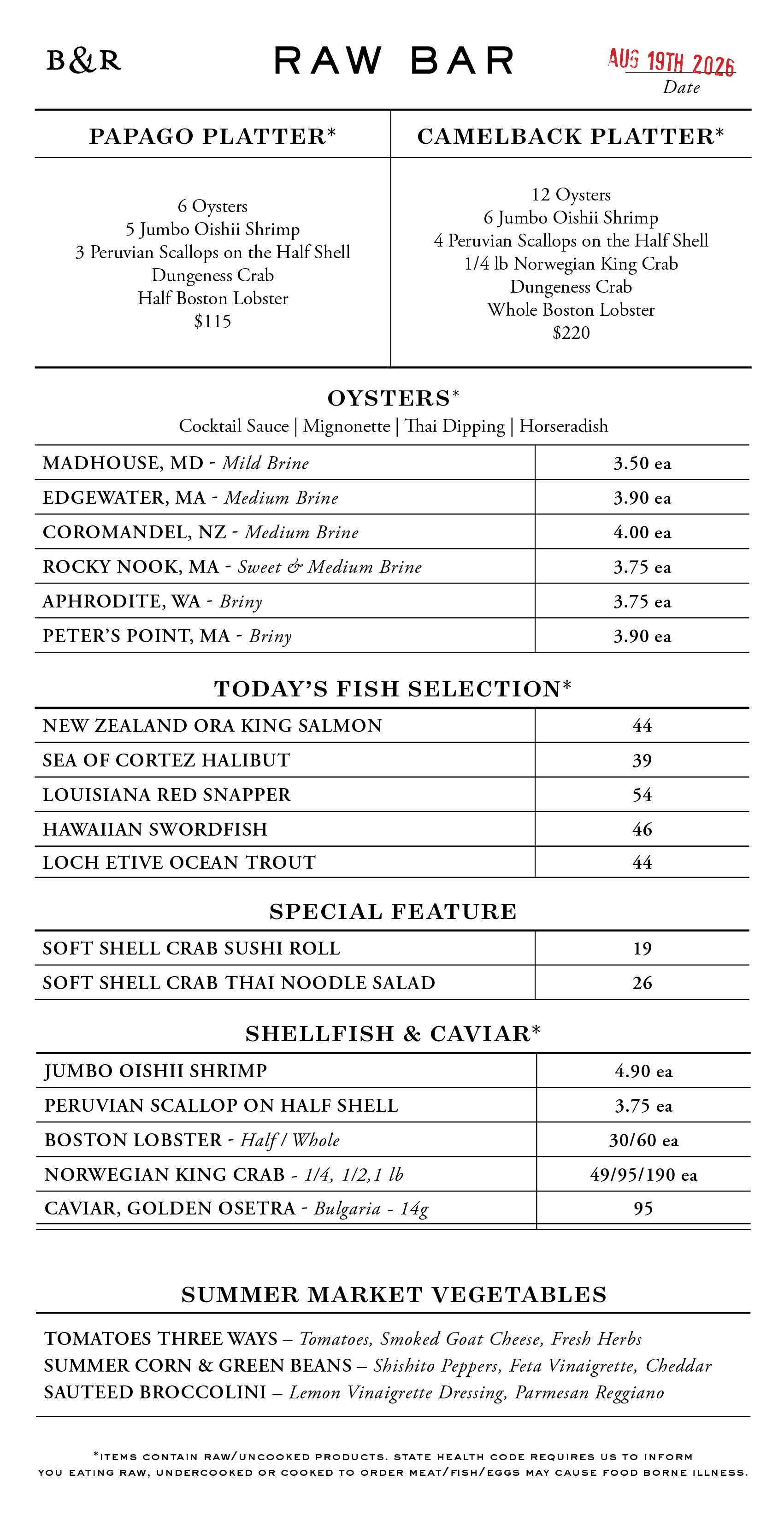 Raw Bar Menu