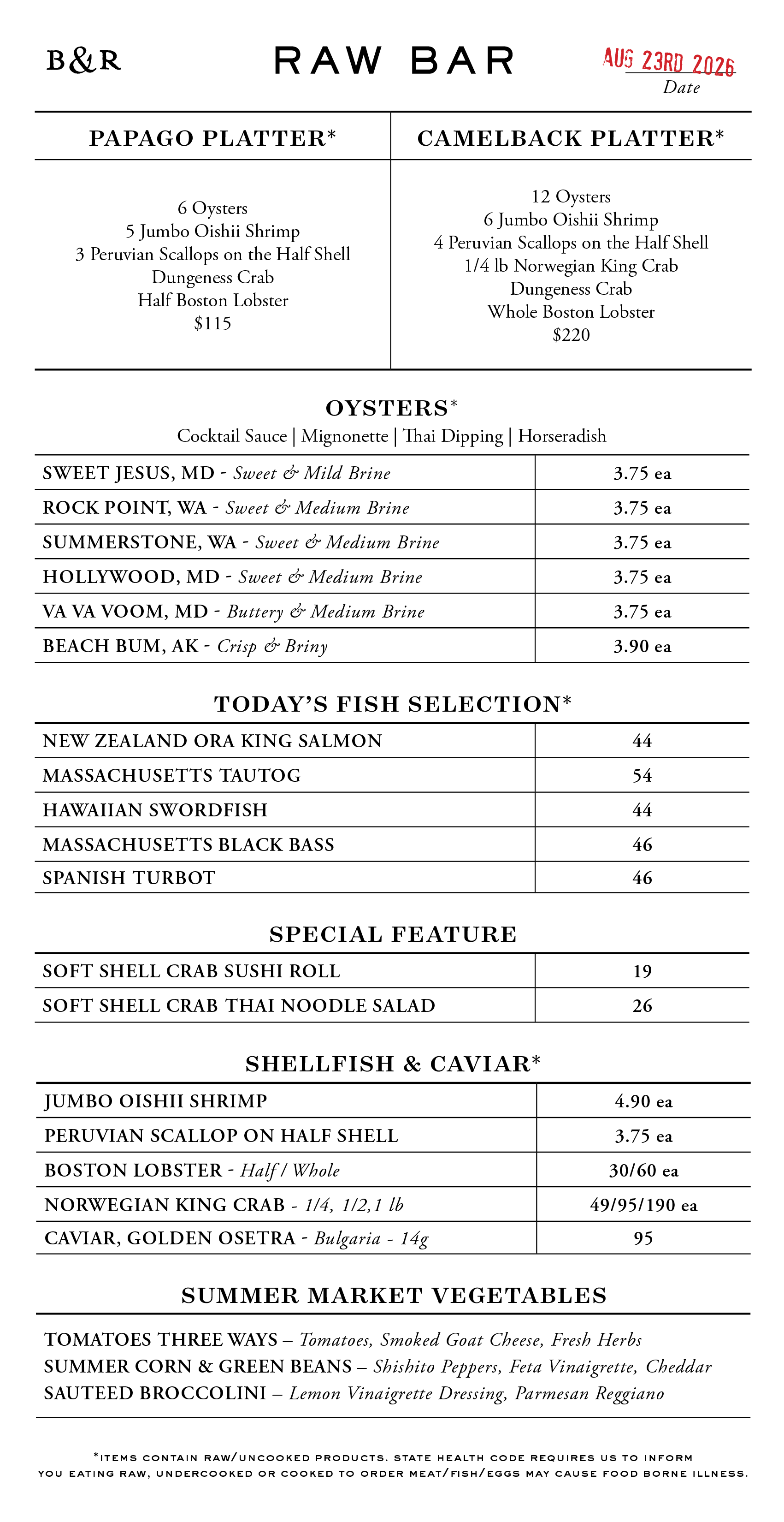 Raw Bar Menu
