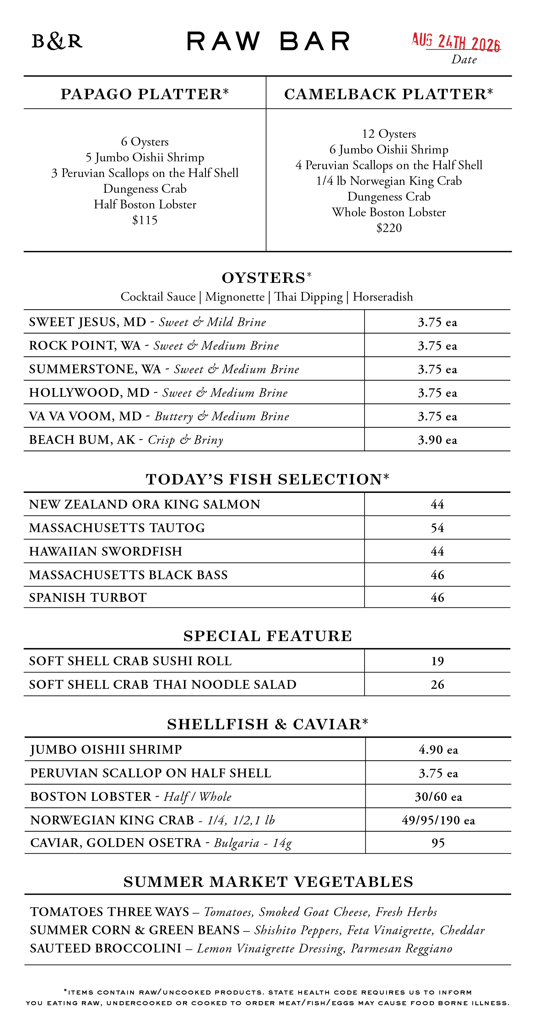 Raw Bar Menu
