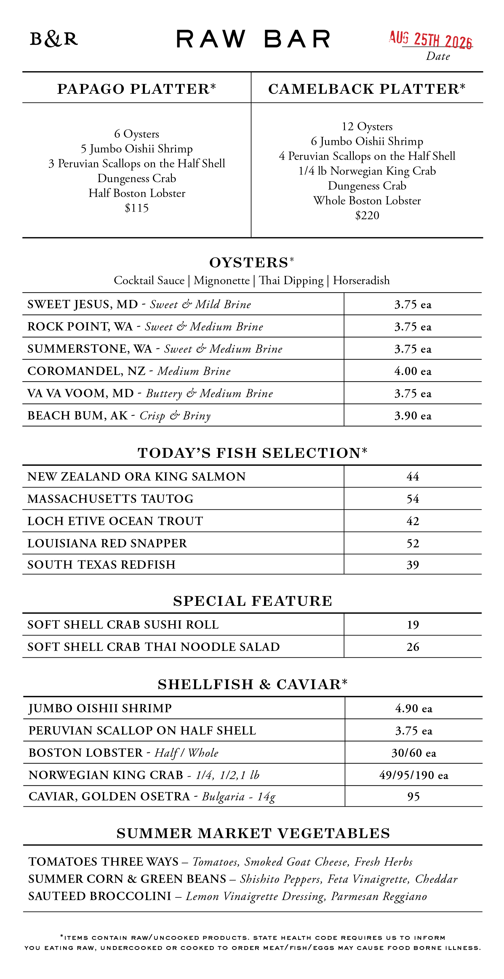 Raw Bar Menu
