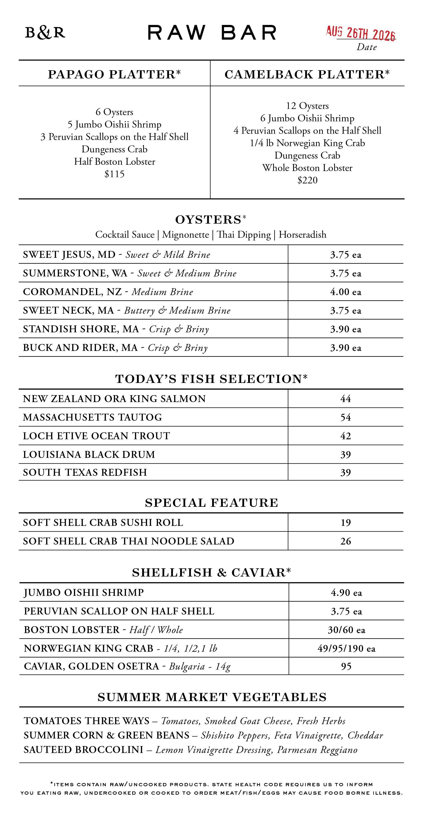 Raw Bar Menu