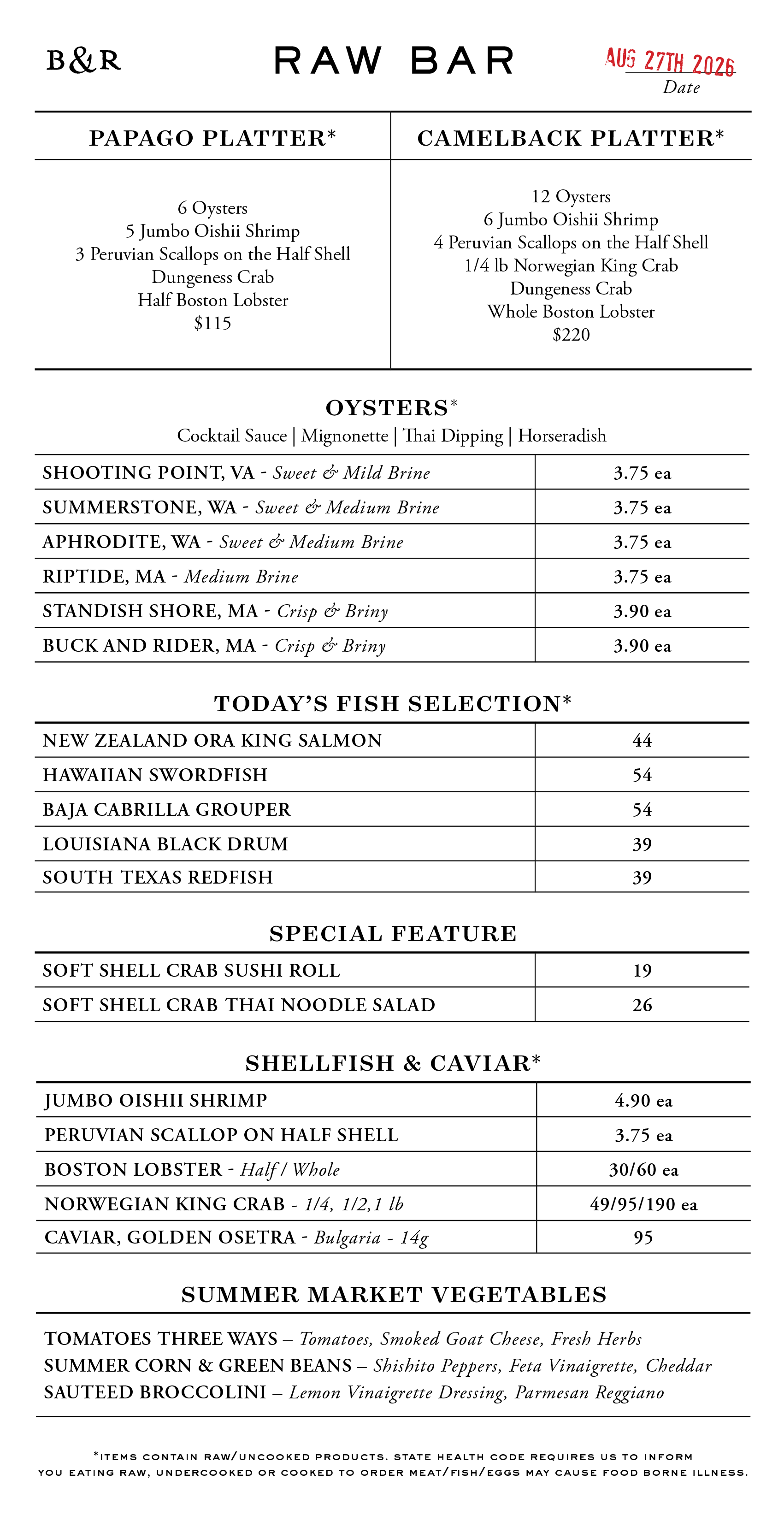 Raw Bar Menu