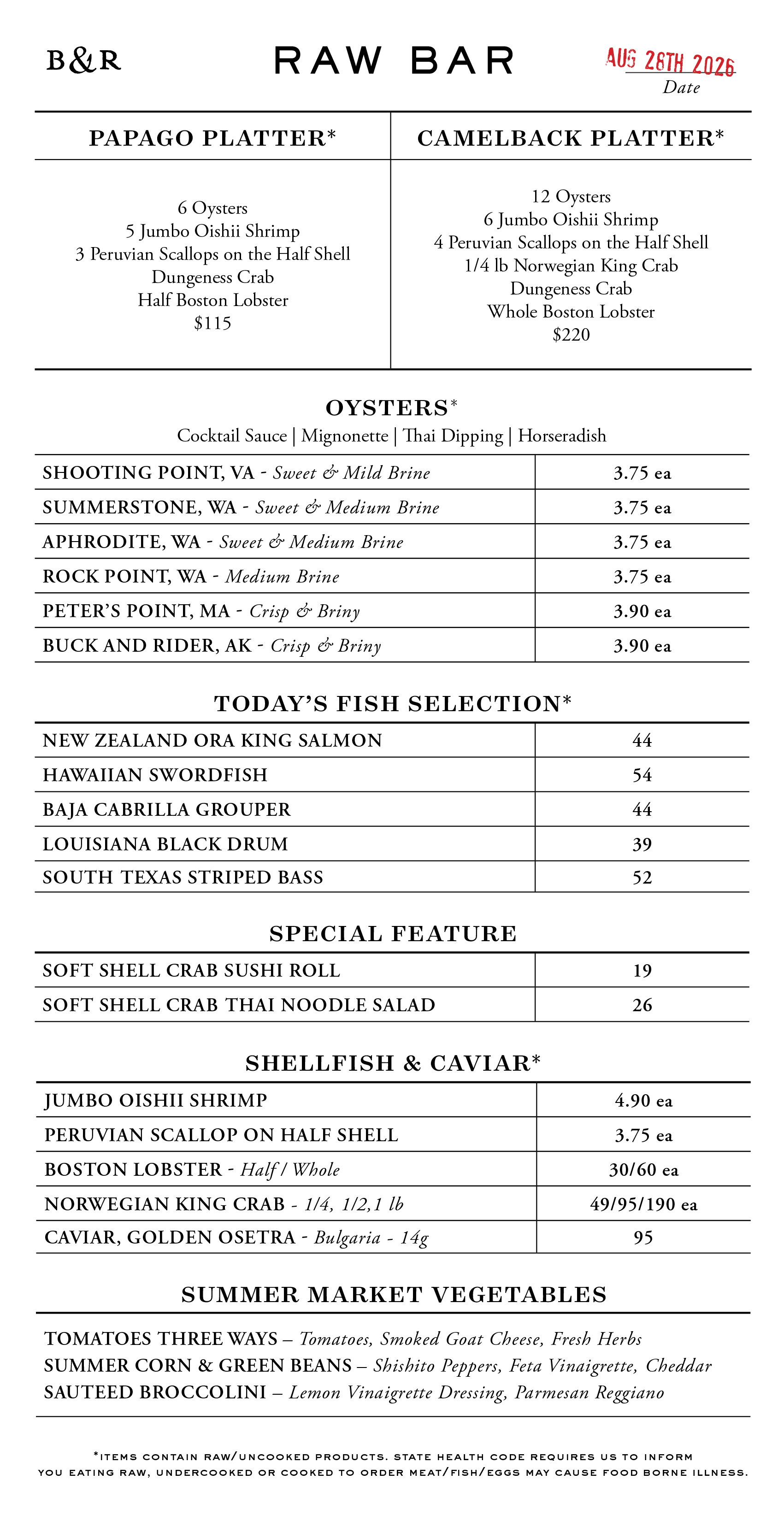 Raw Bar Menu