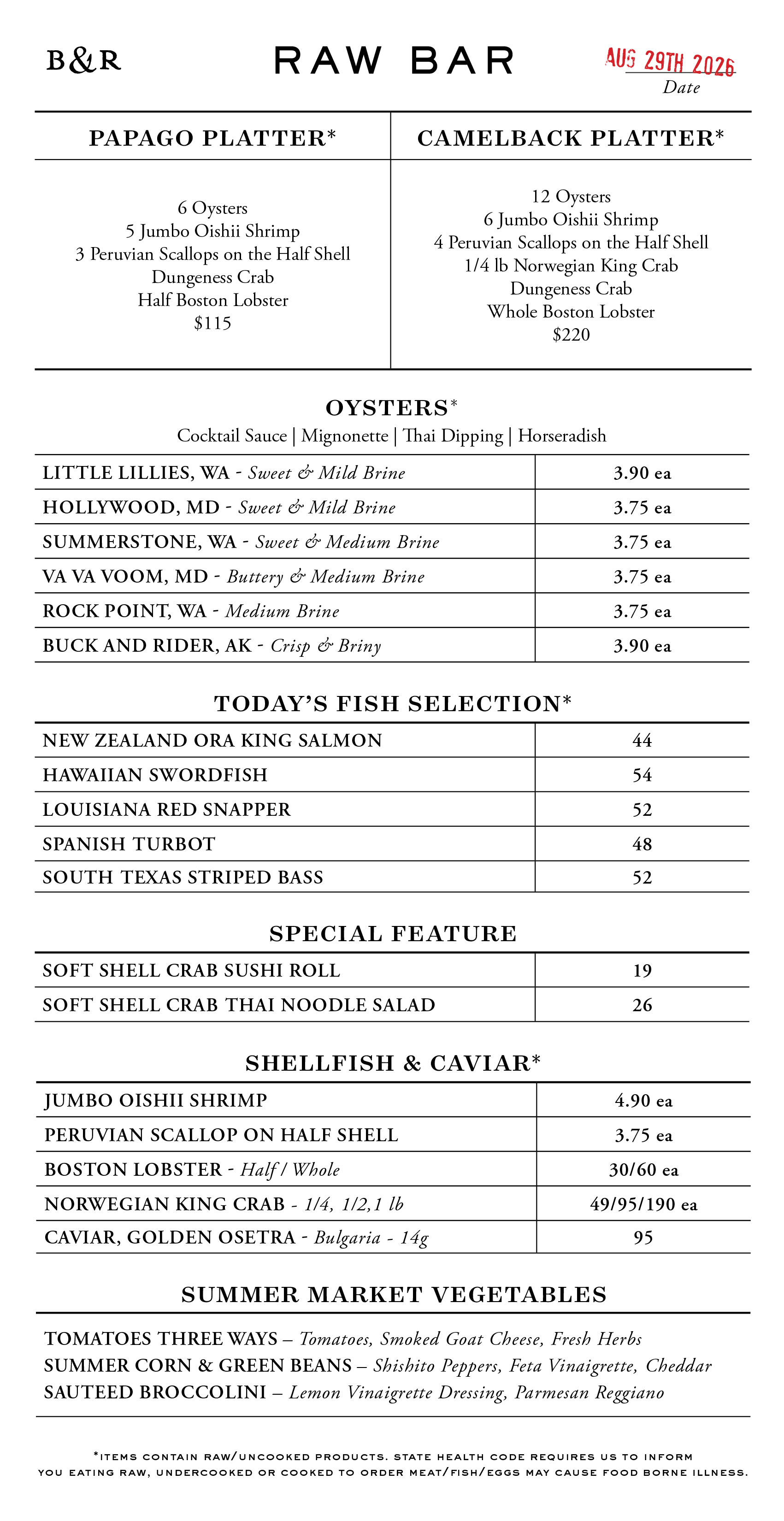 Raw Bar Menu