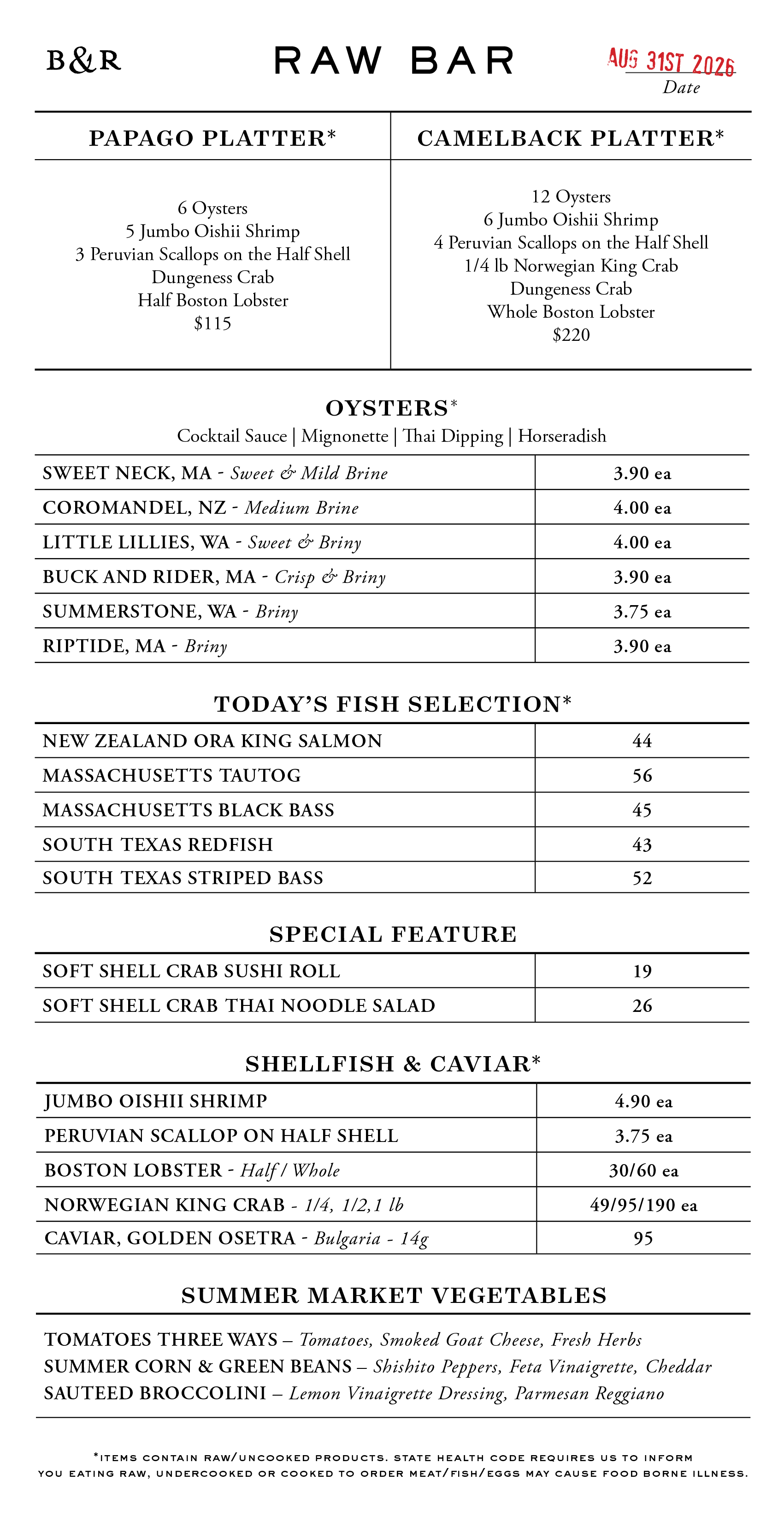 Raw Bar Menu