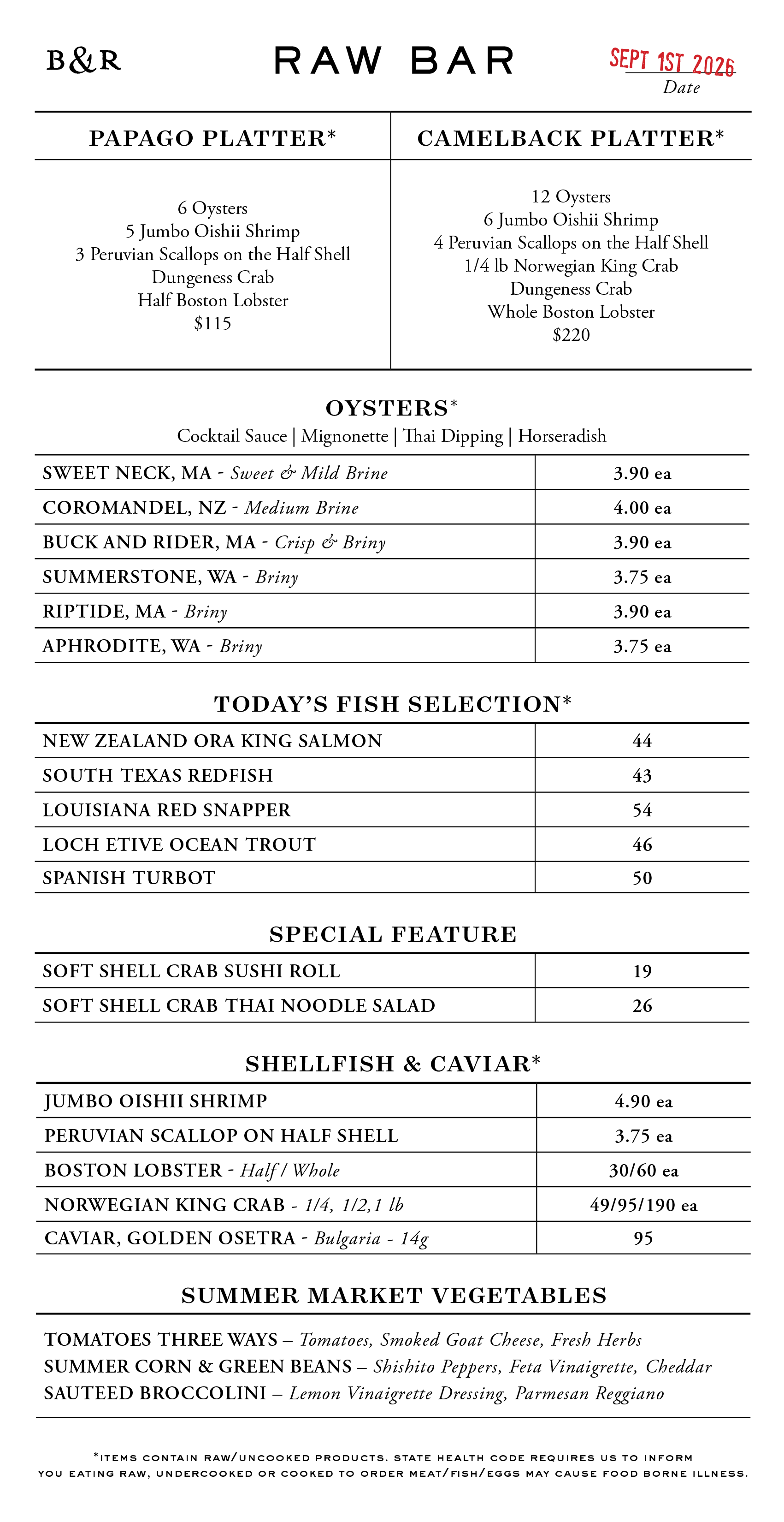 Raw Bar Menu