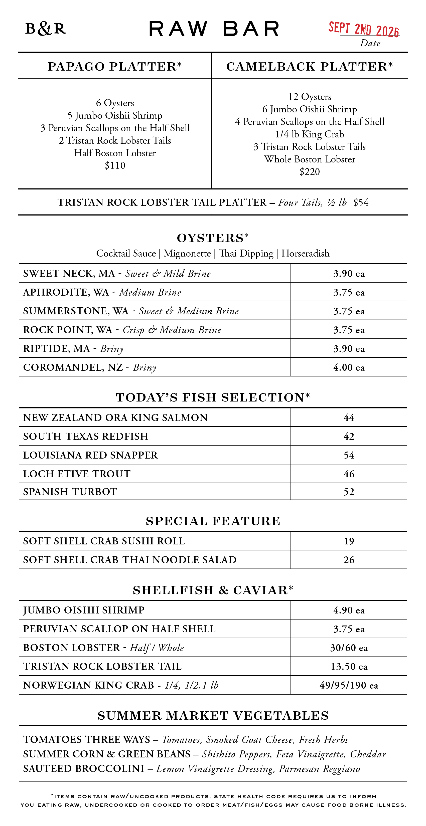 Raw Bar Menu