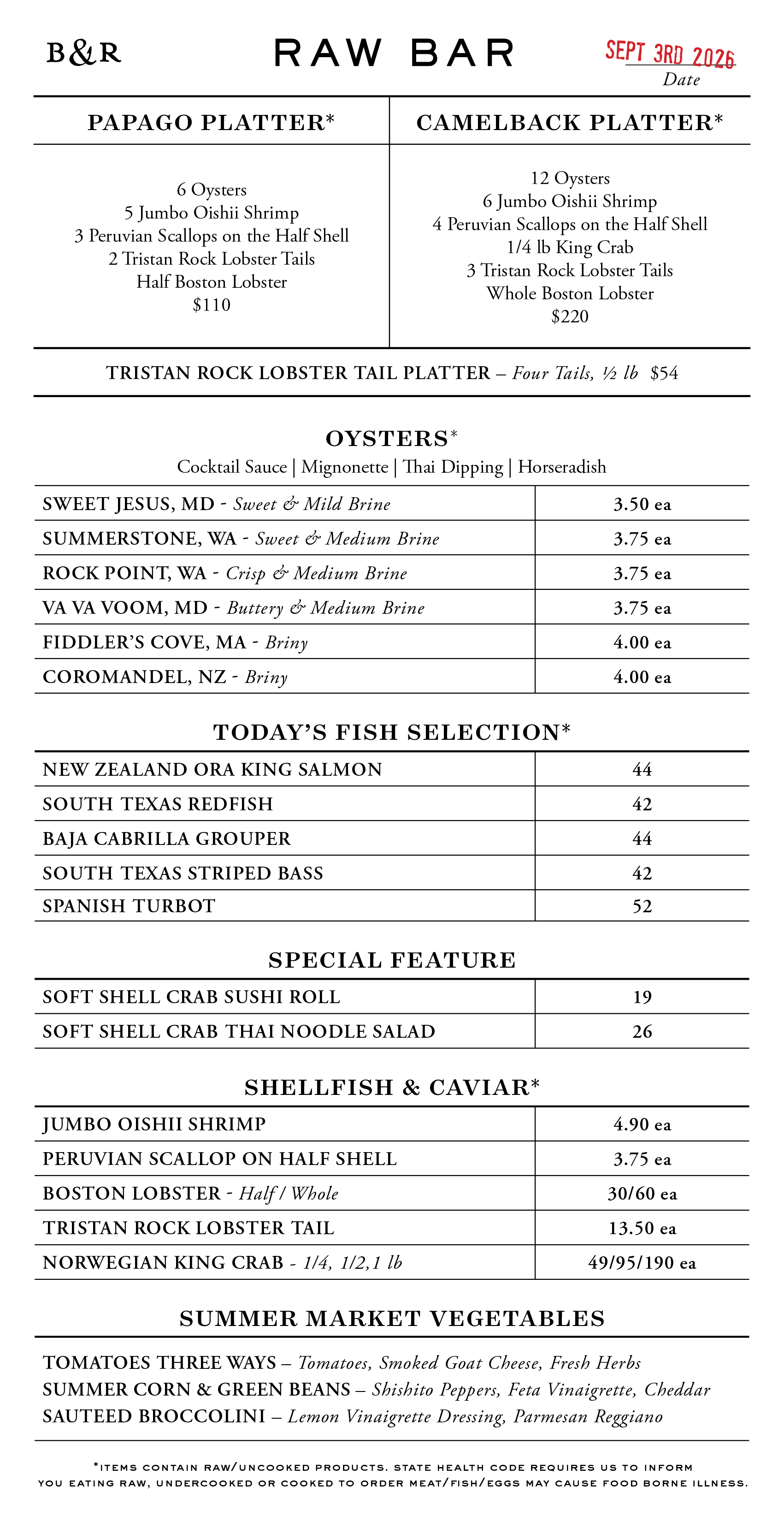 Raw Bar Menu