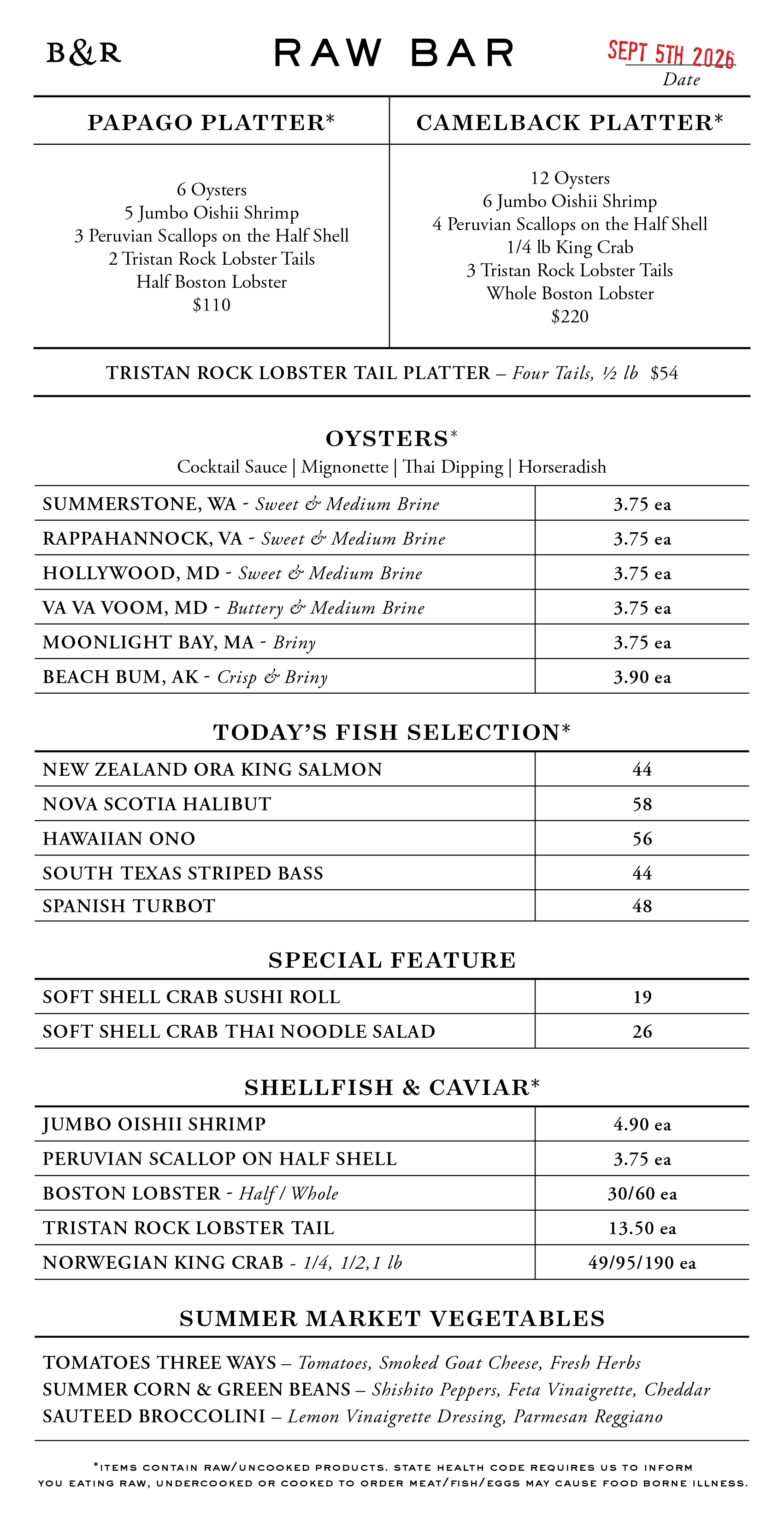 Raw Bar Menu