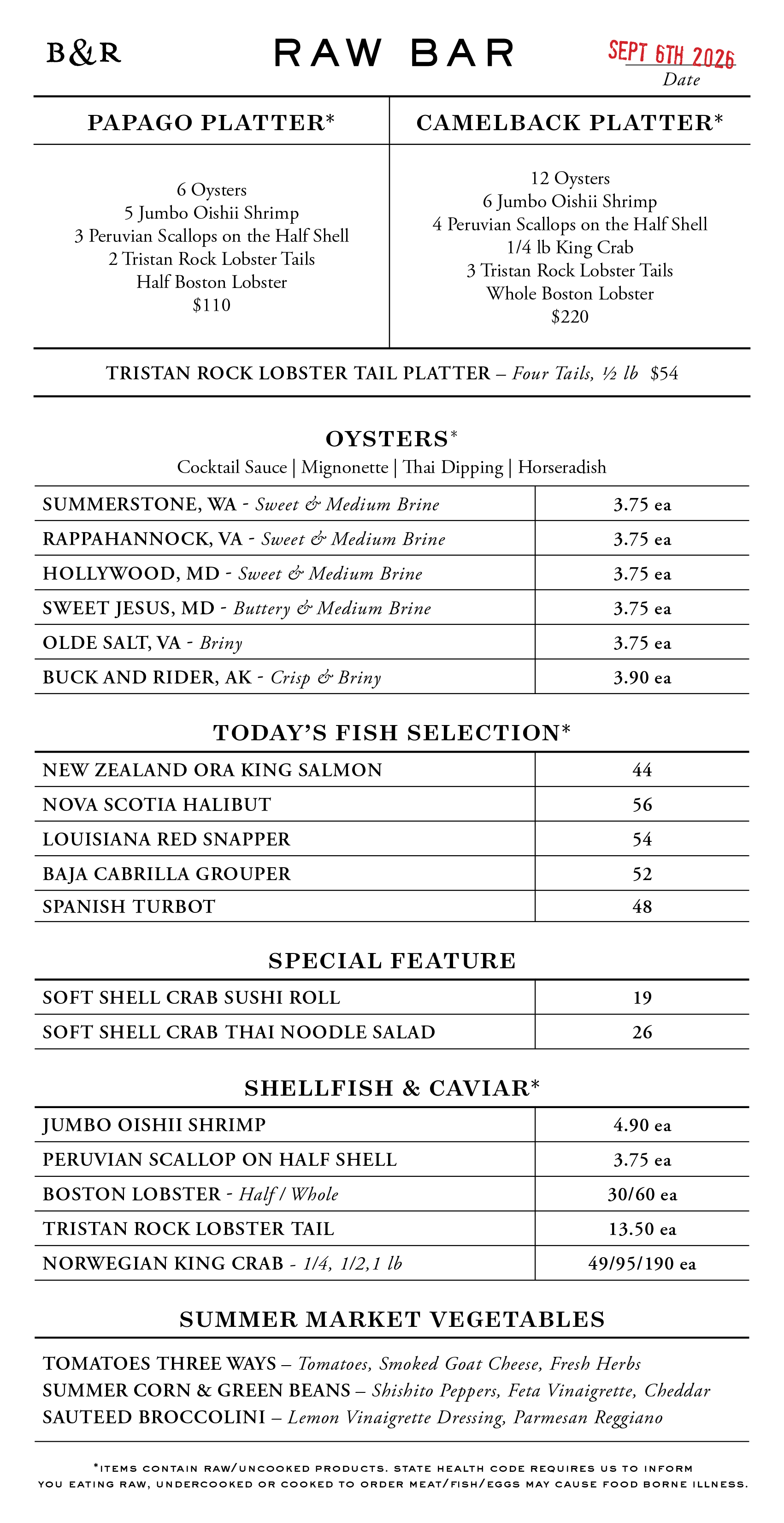 Raw Bar Menu
