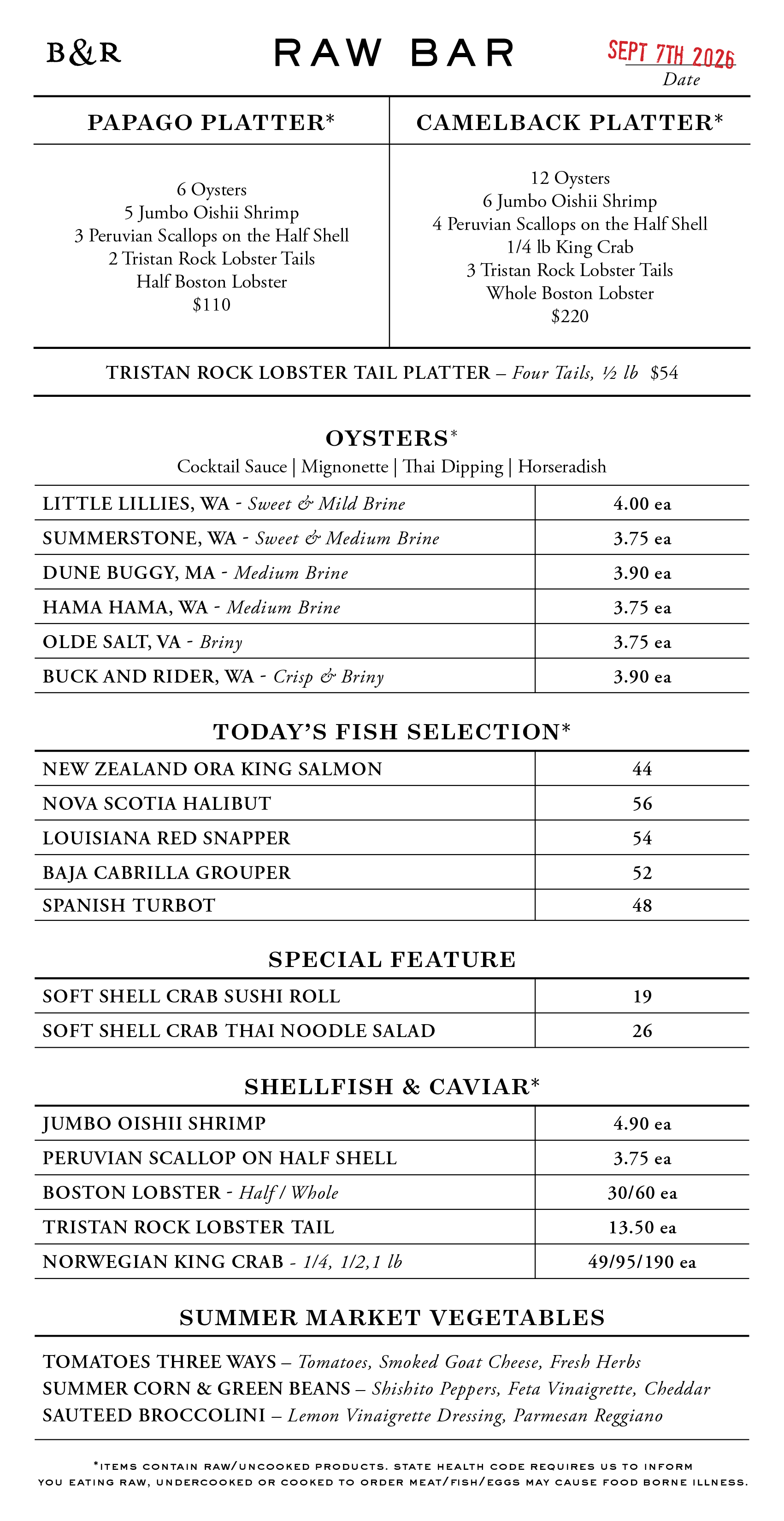 Raw Bar Menu