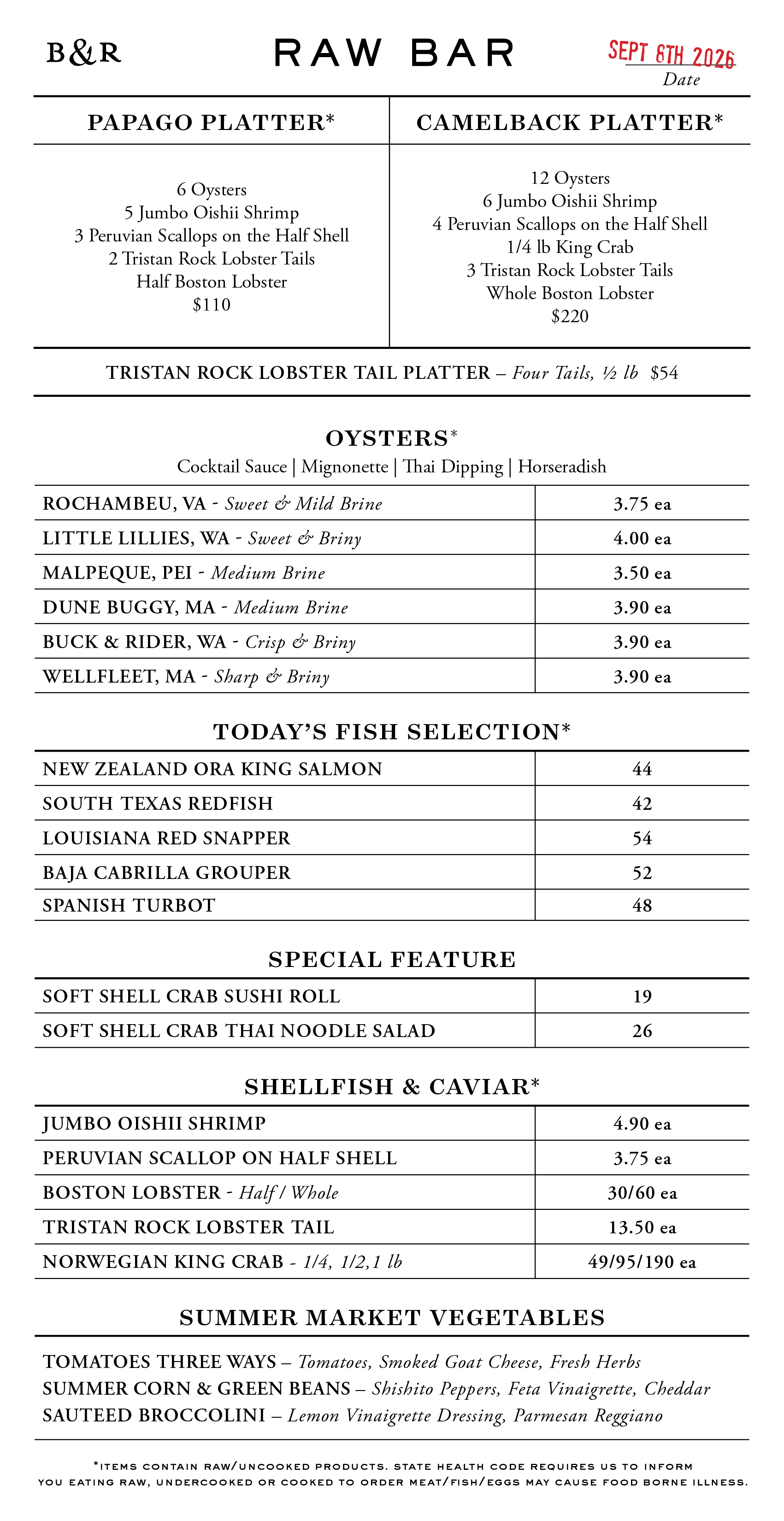 Raw Bar Menu