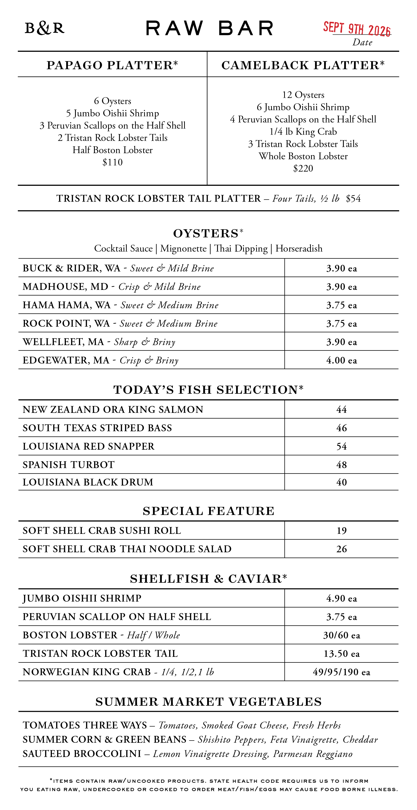 Raw Bar Menu