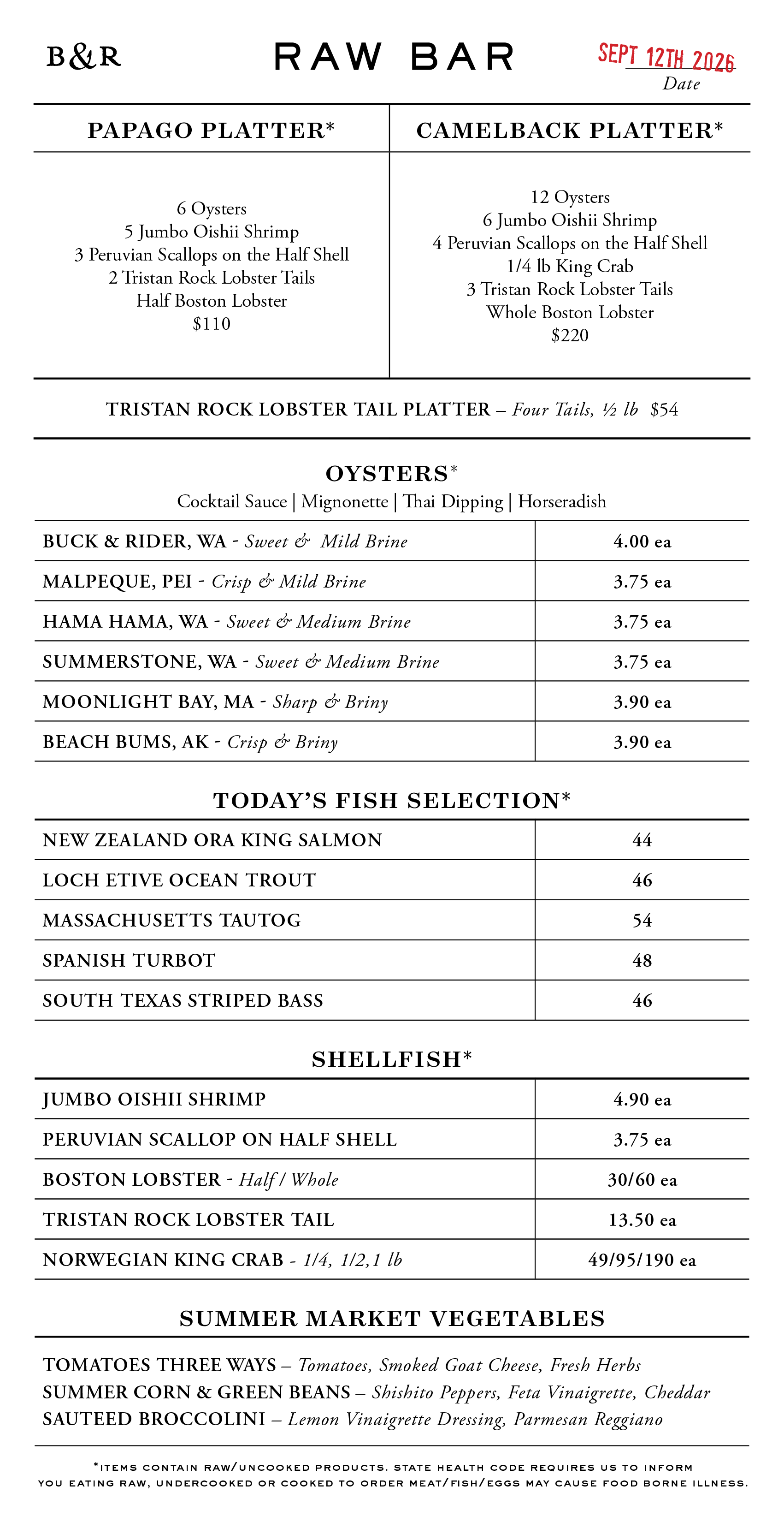 Raw Bar Menu
