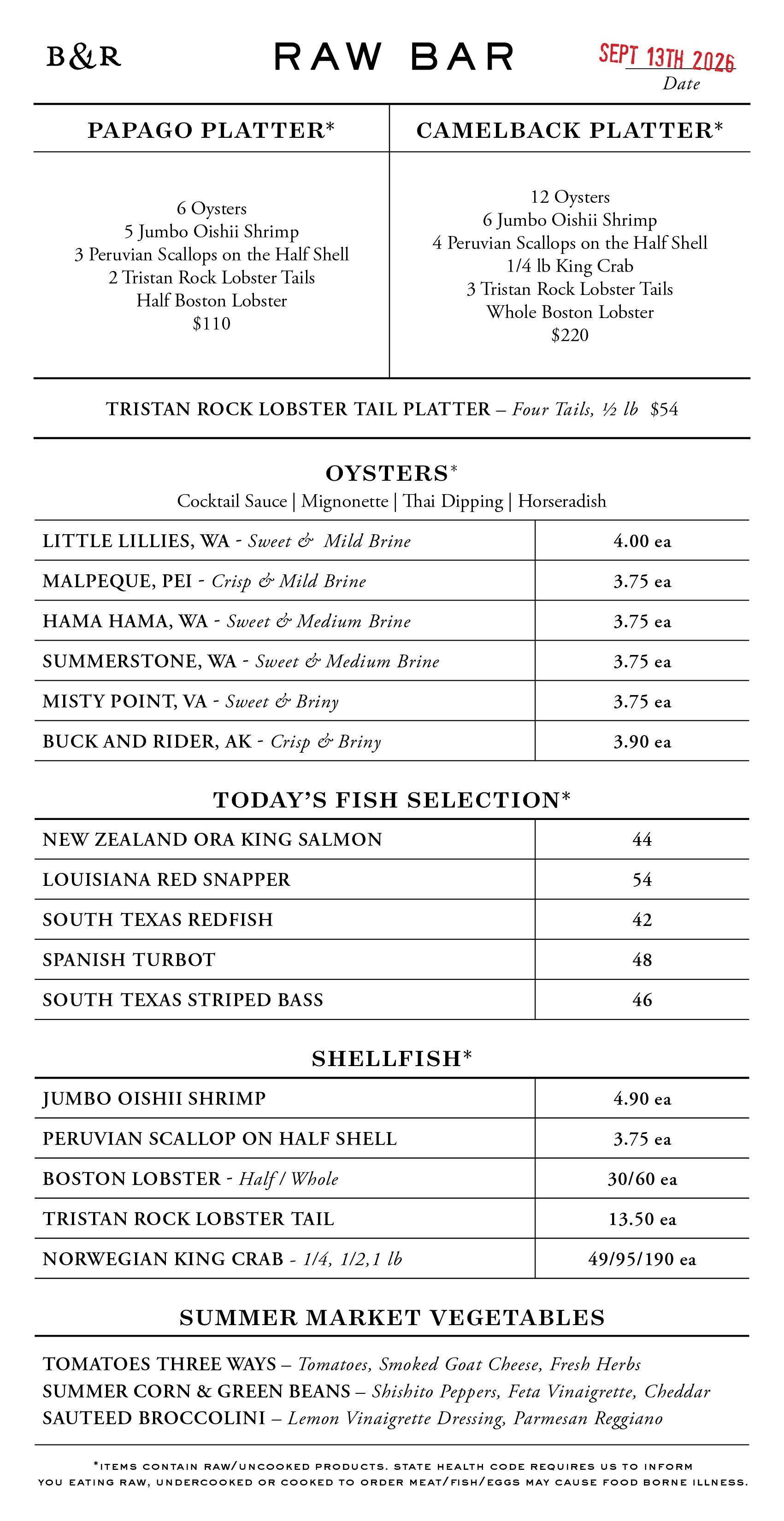 Raw Bar Menu