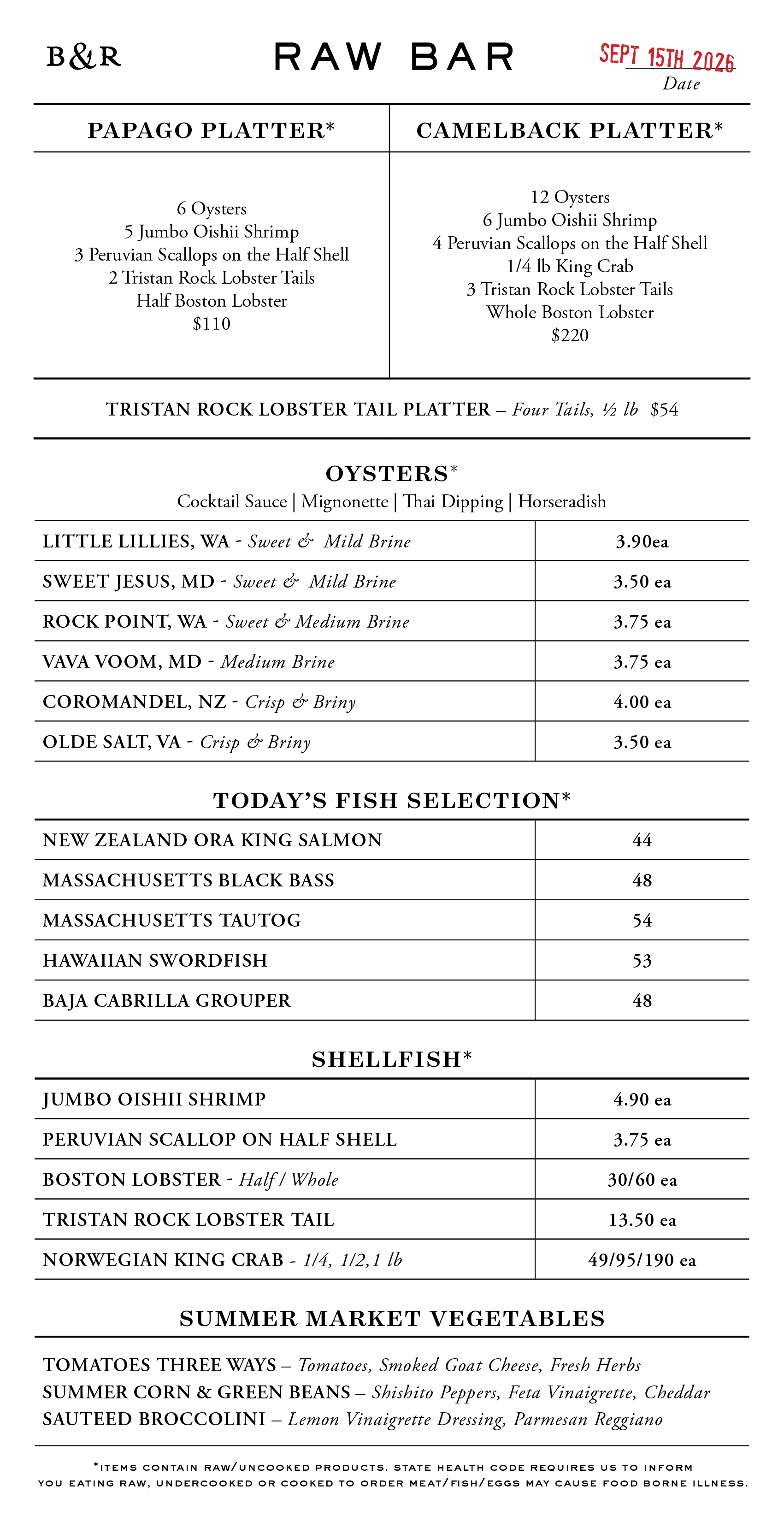 Raw Bar Menu