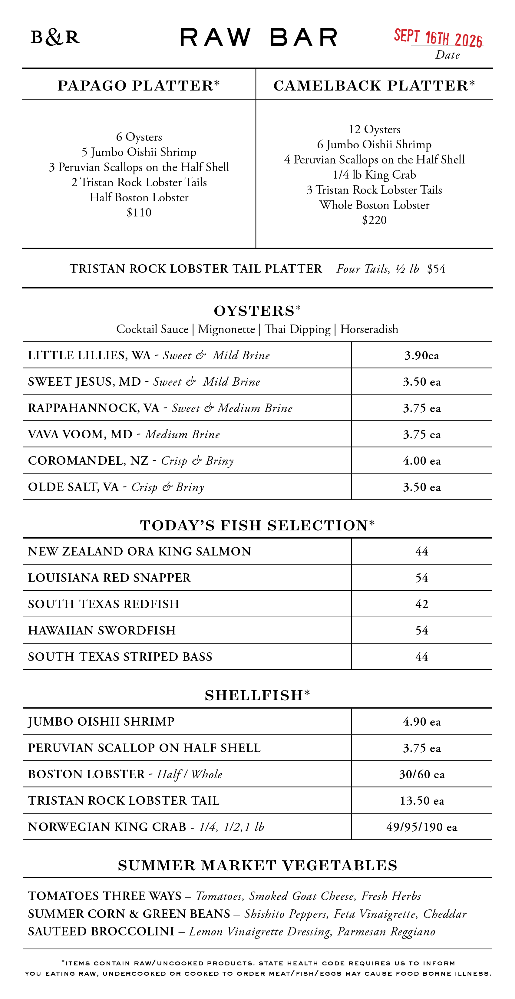 Raw Bar Menu