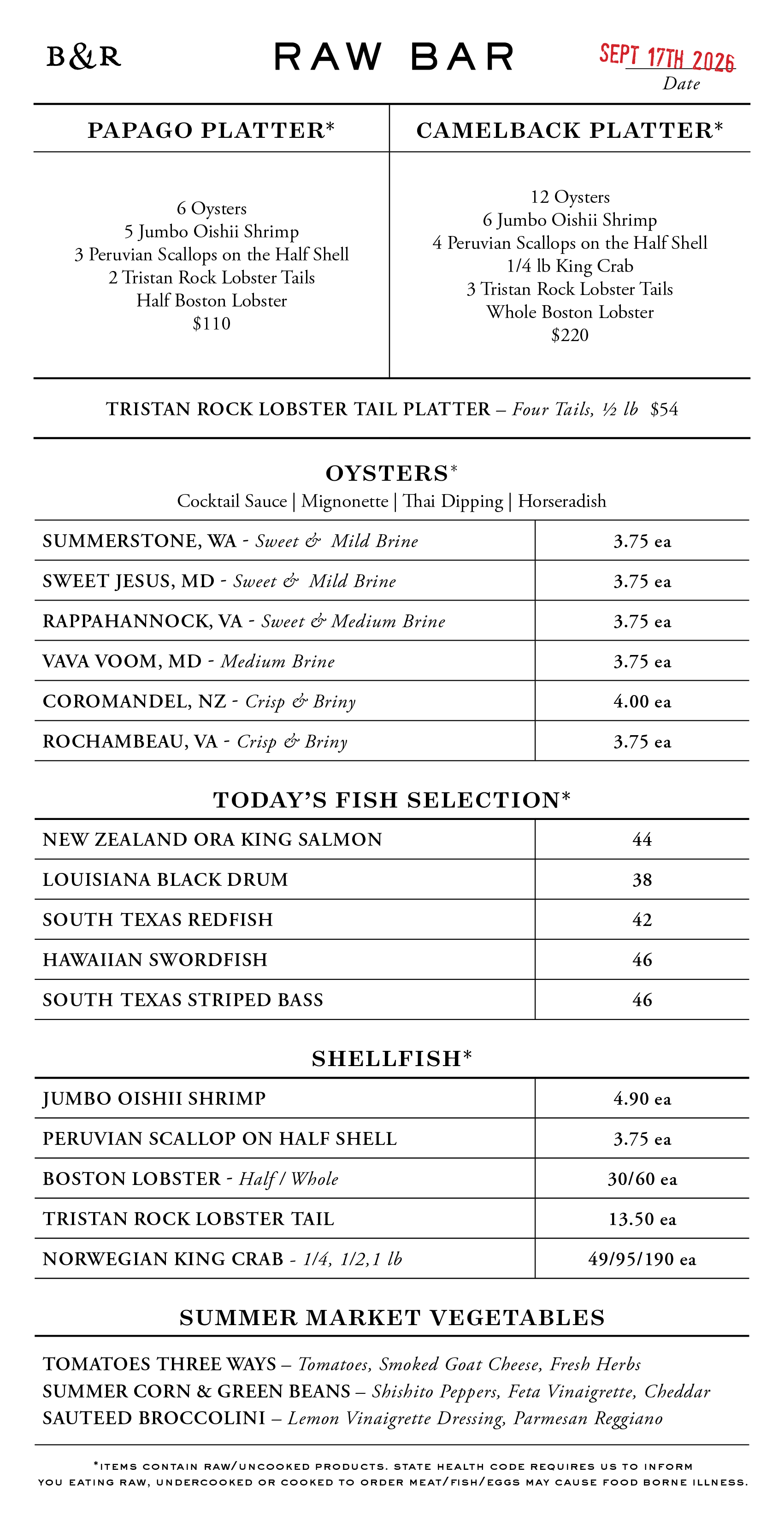 Raw Bar Menu