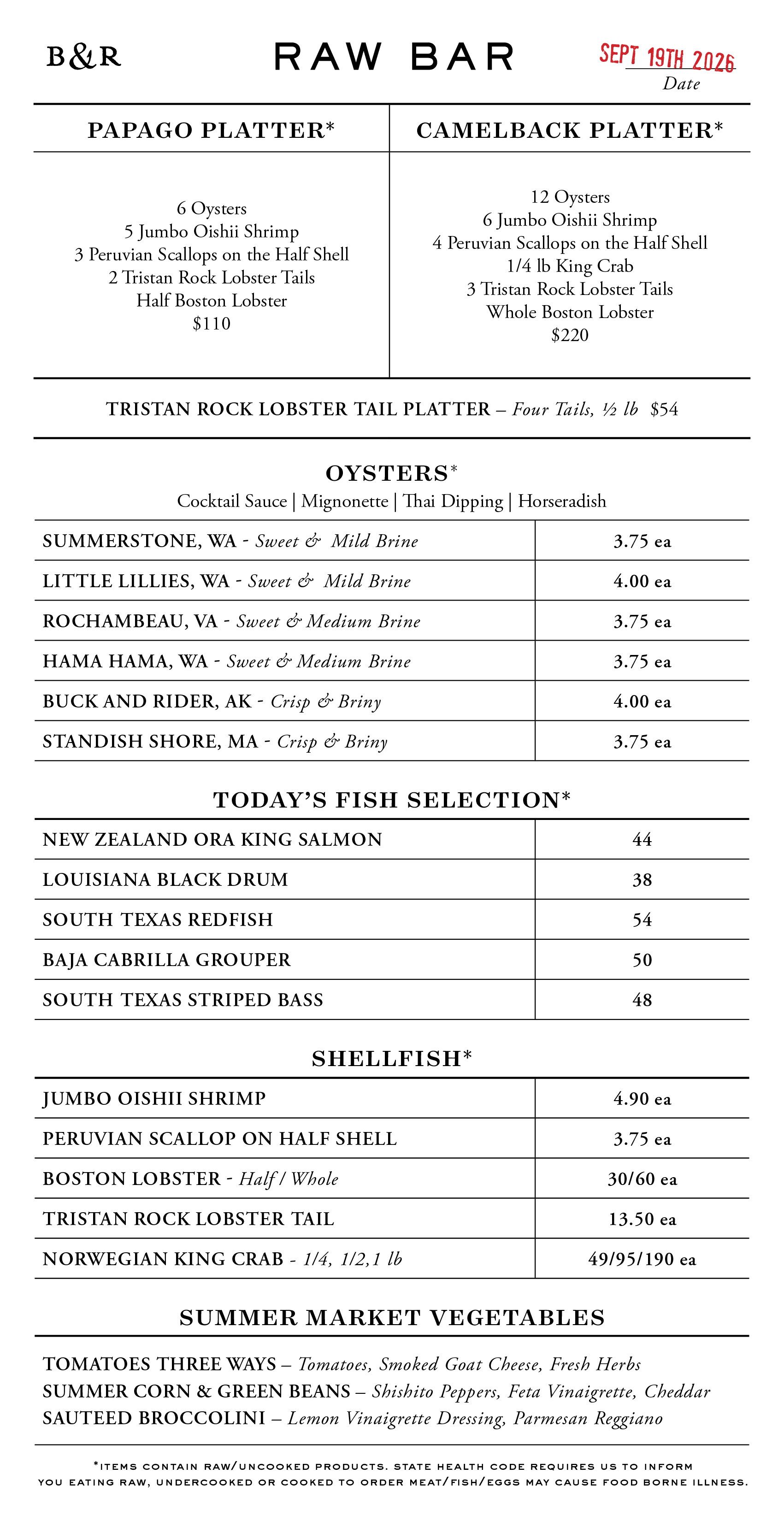 Raw Bar Menu