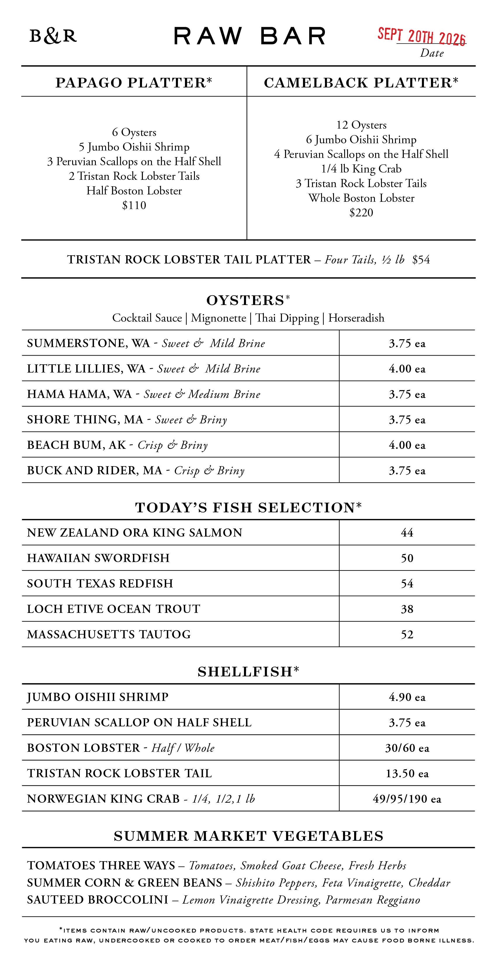 Raw Bar Menu