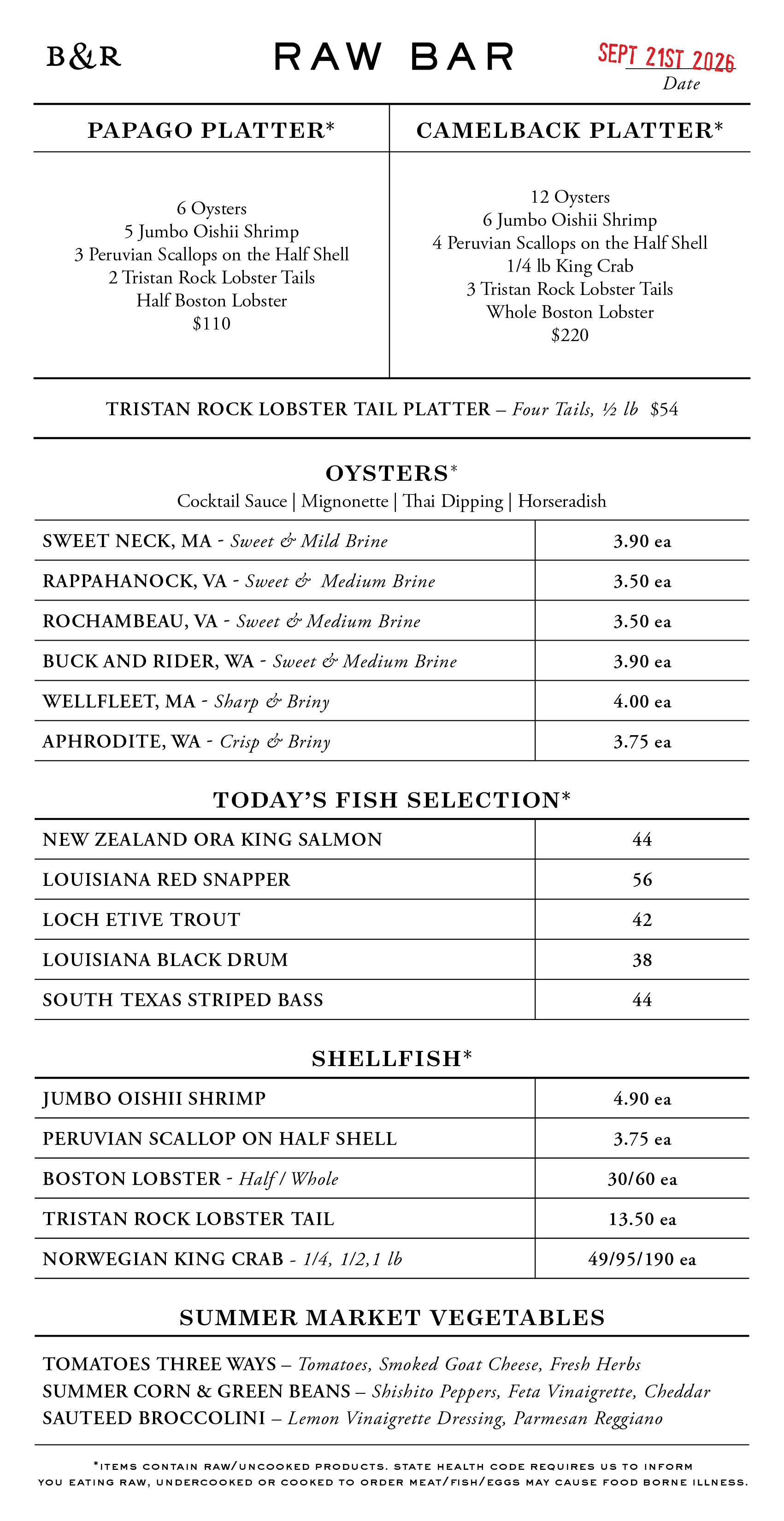 Raw Bar Menu
