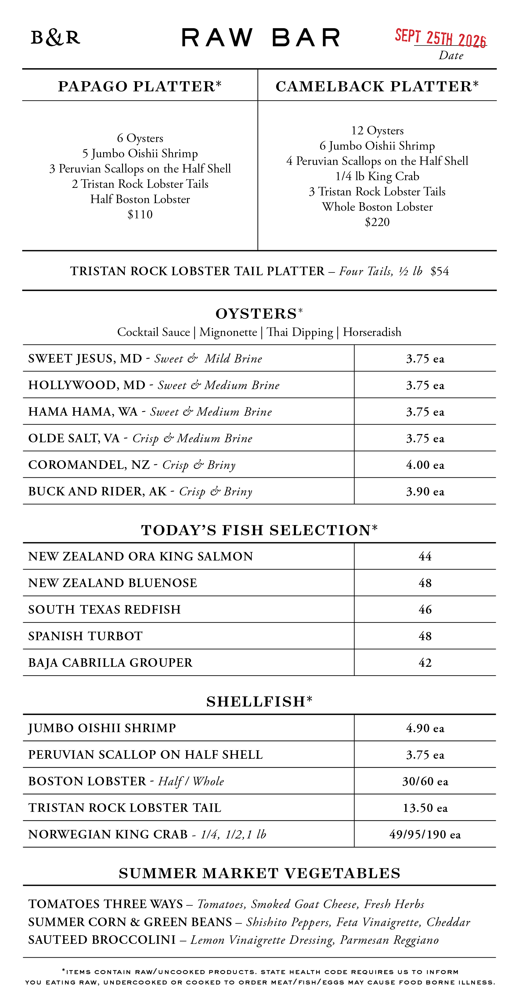 Raw Bar Menu