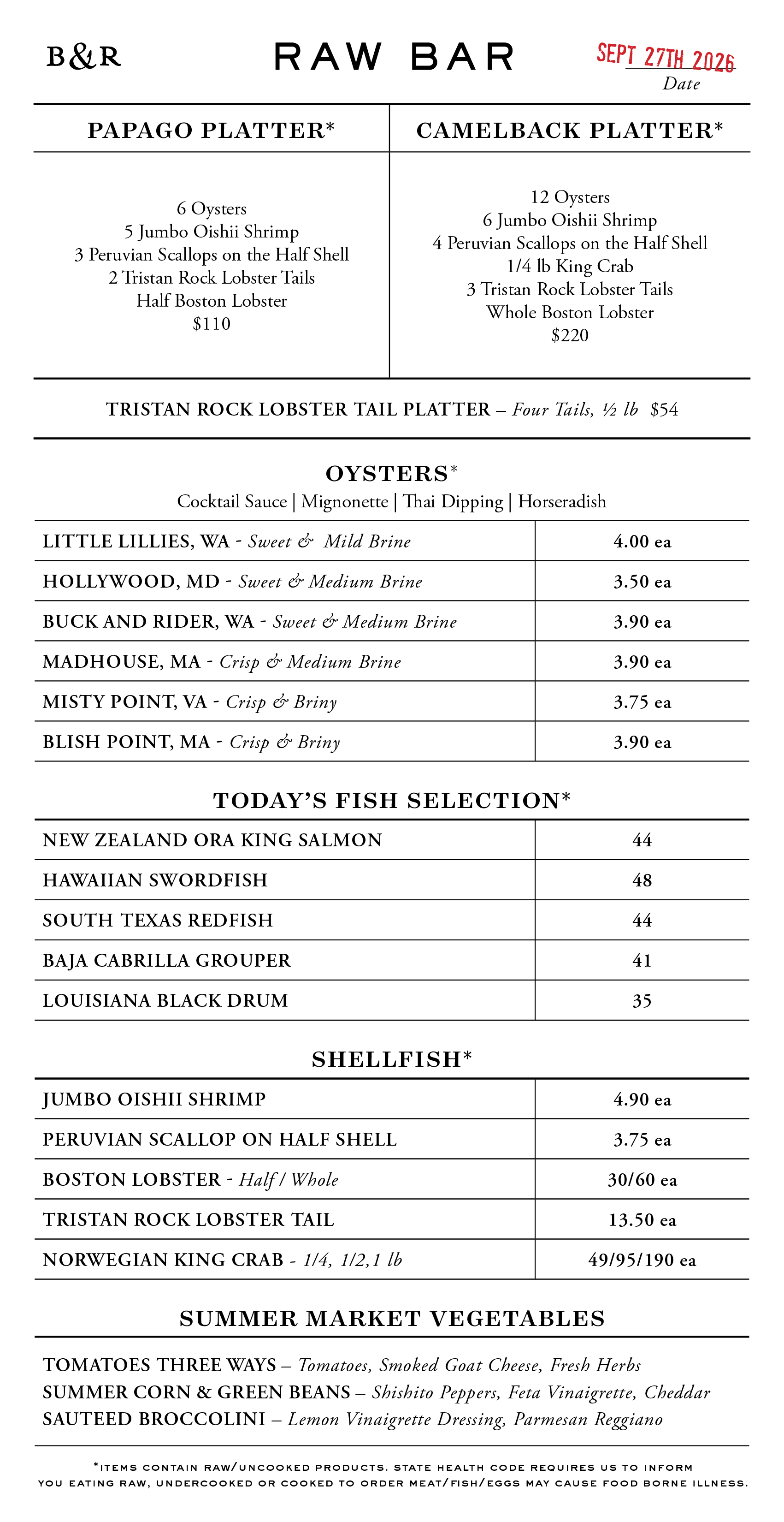 Raw Bar Menu