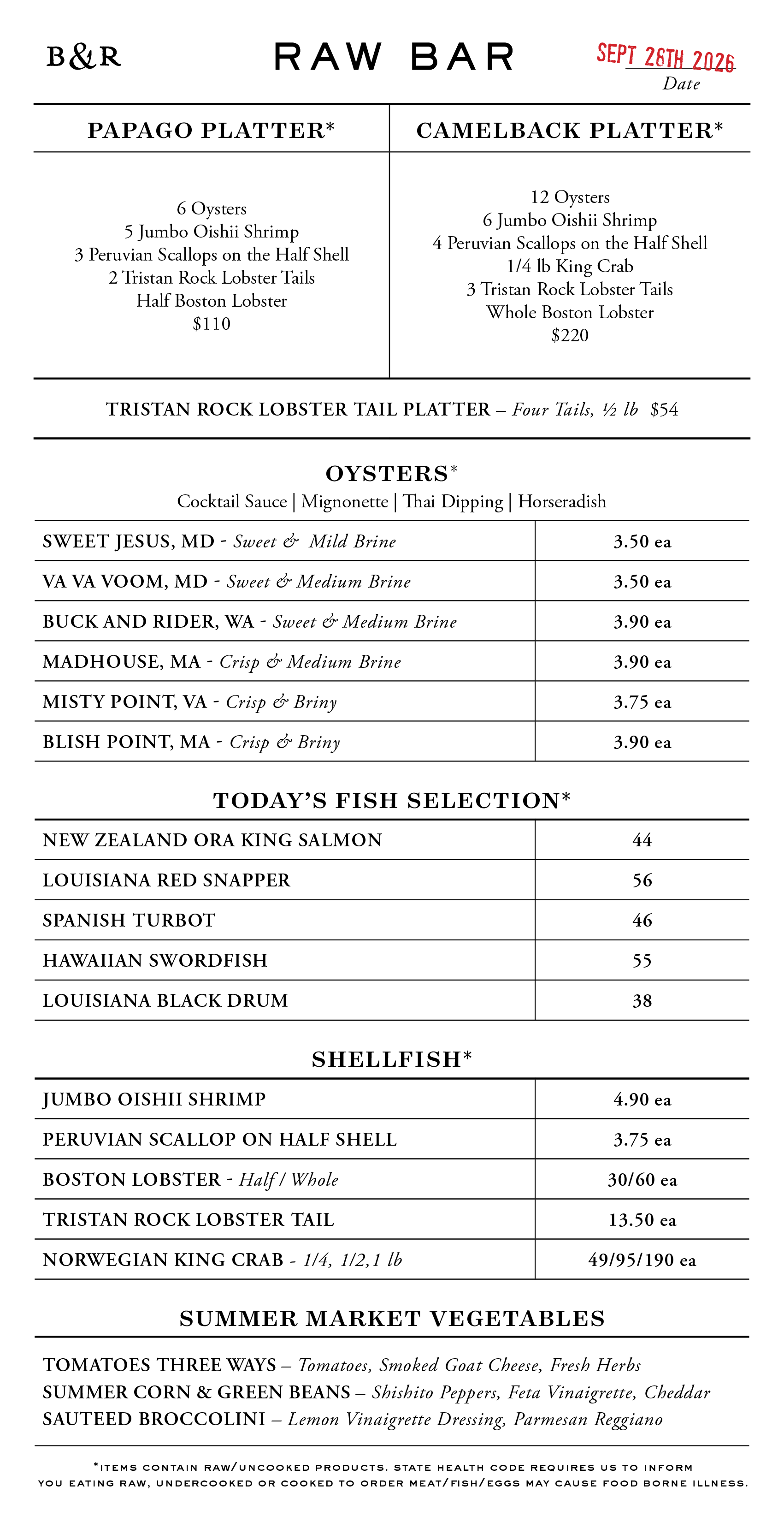 Raw Bar Menu