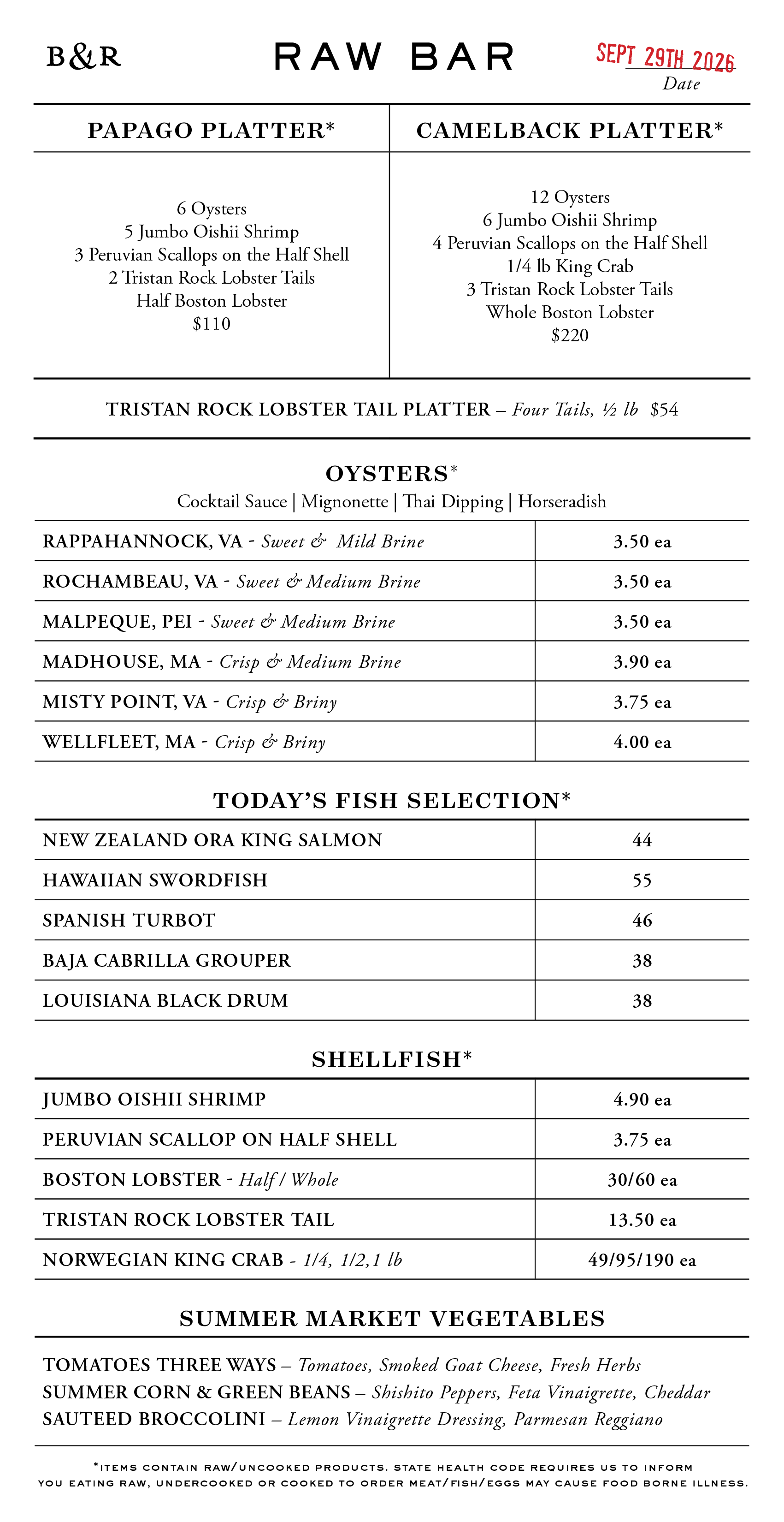 Raw Bar Menu