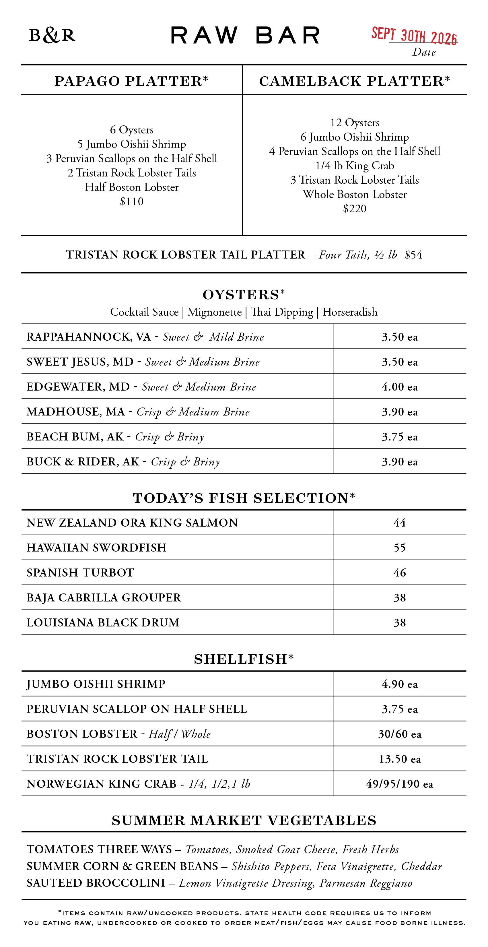 Raw Bar Menu