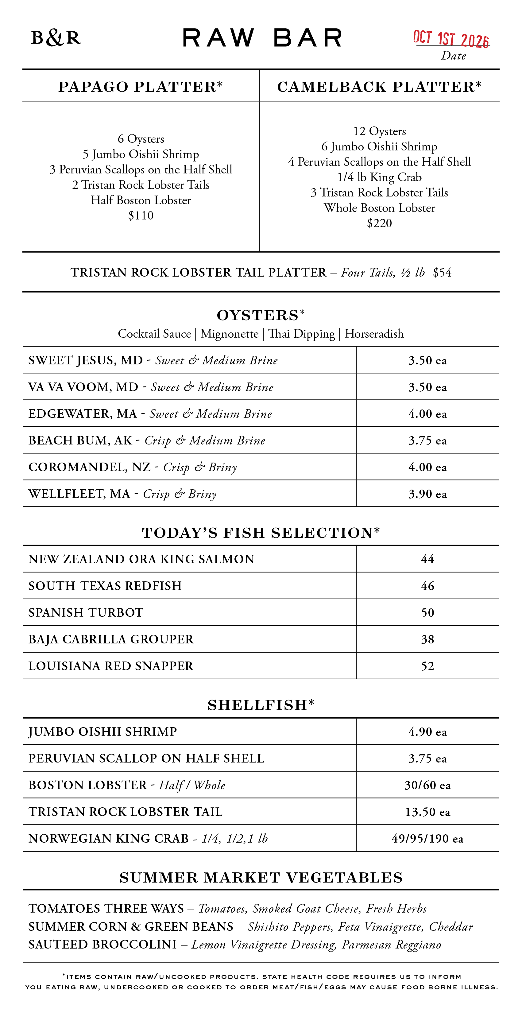 Raw Bar Menu