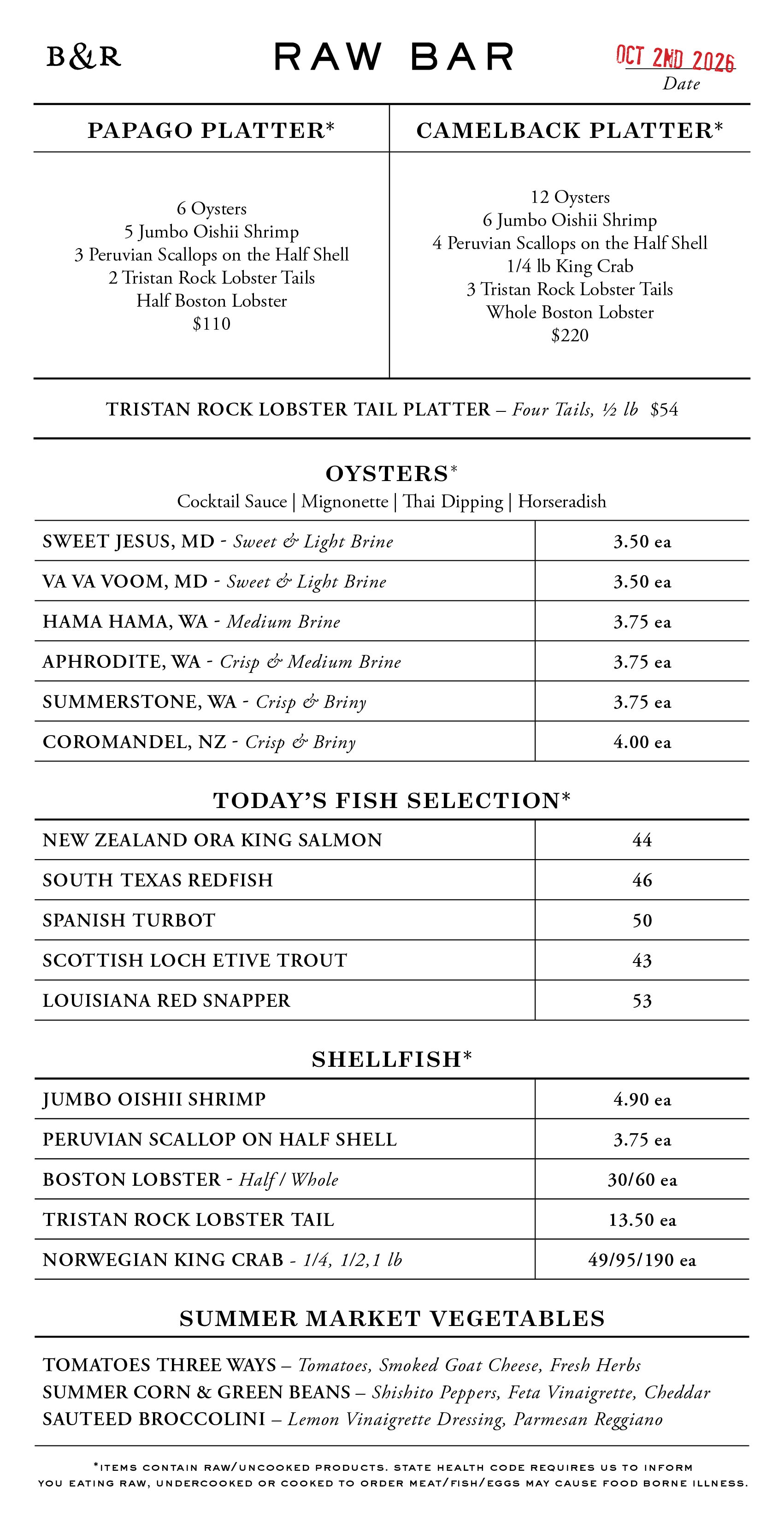 Raw Bar Menu