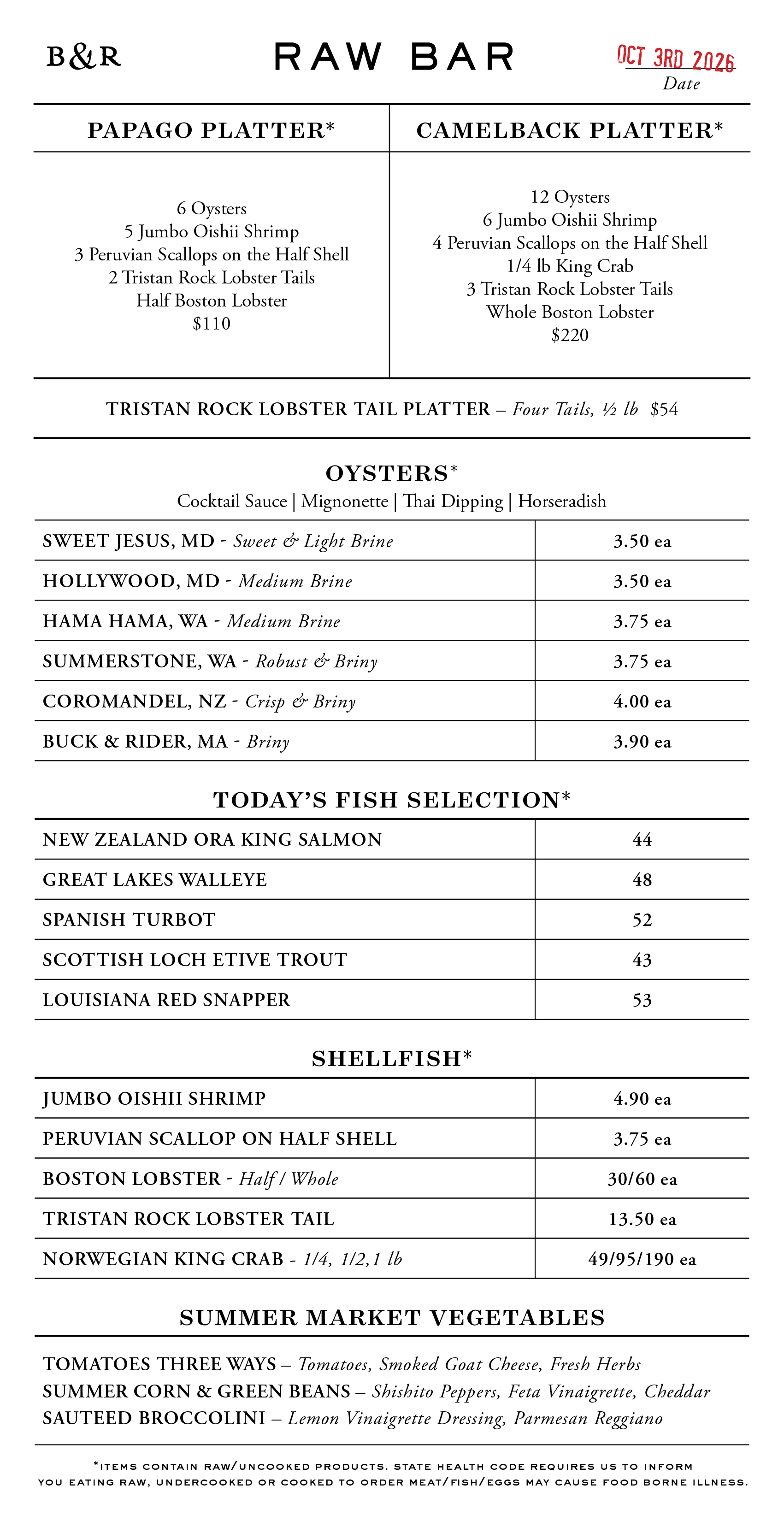 Raw Bar Menu