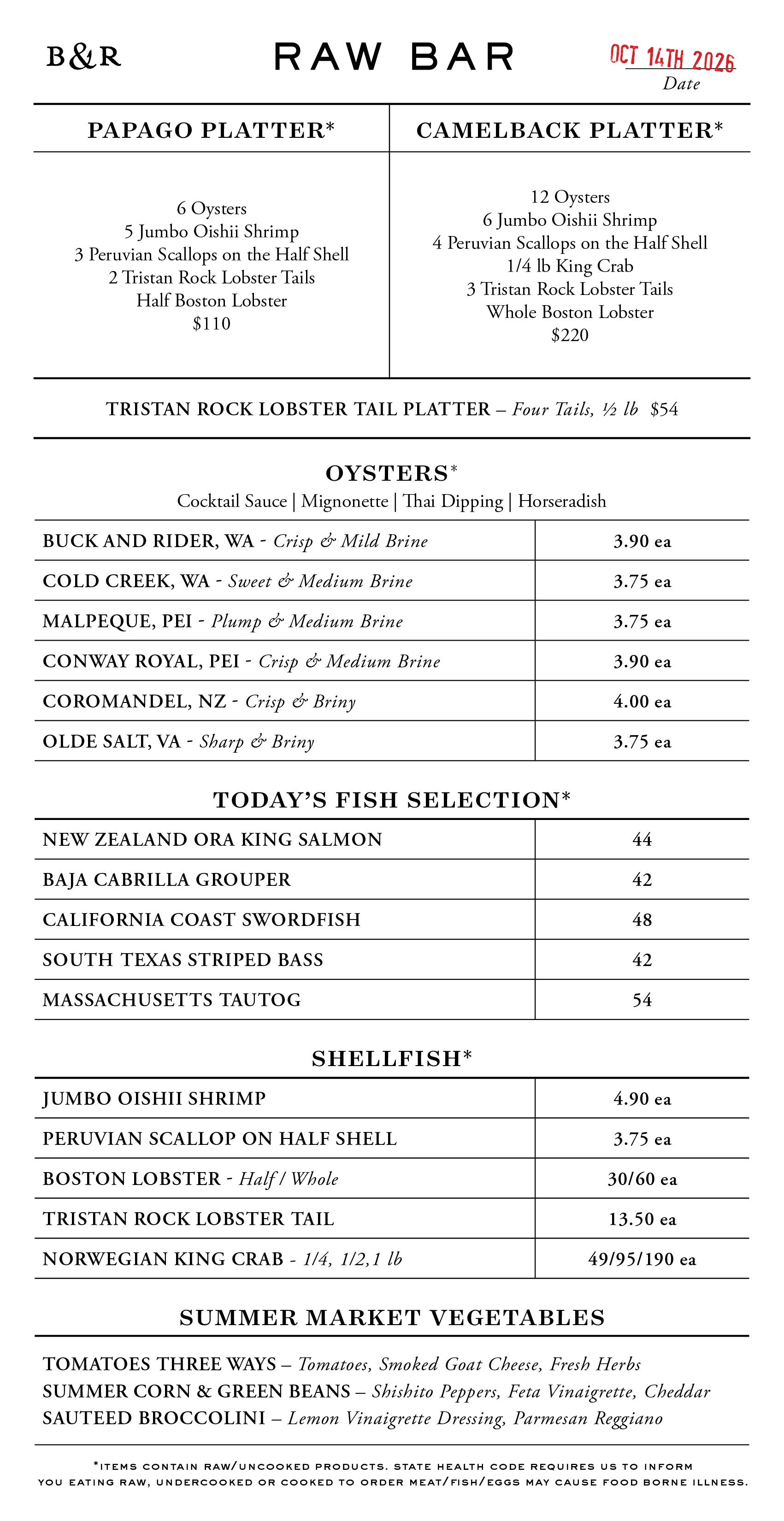 Raw Bar Menu