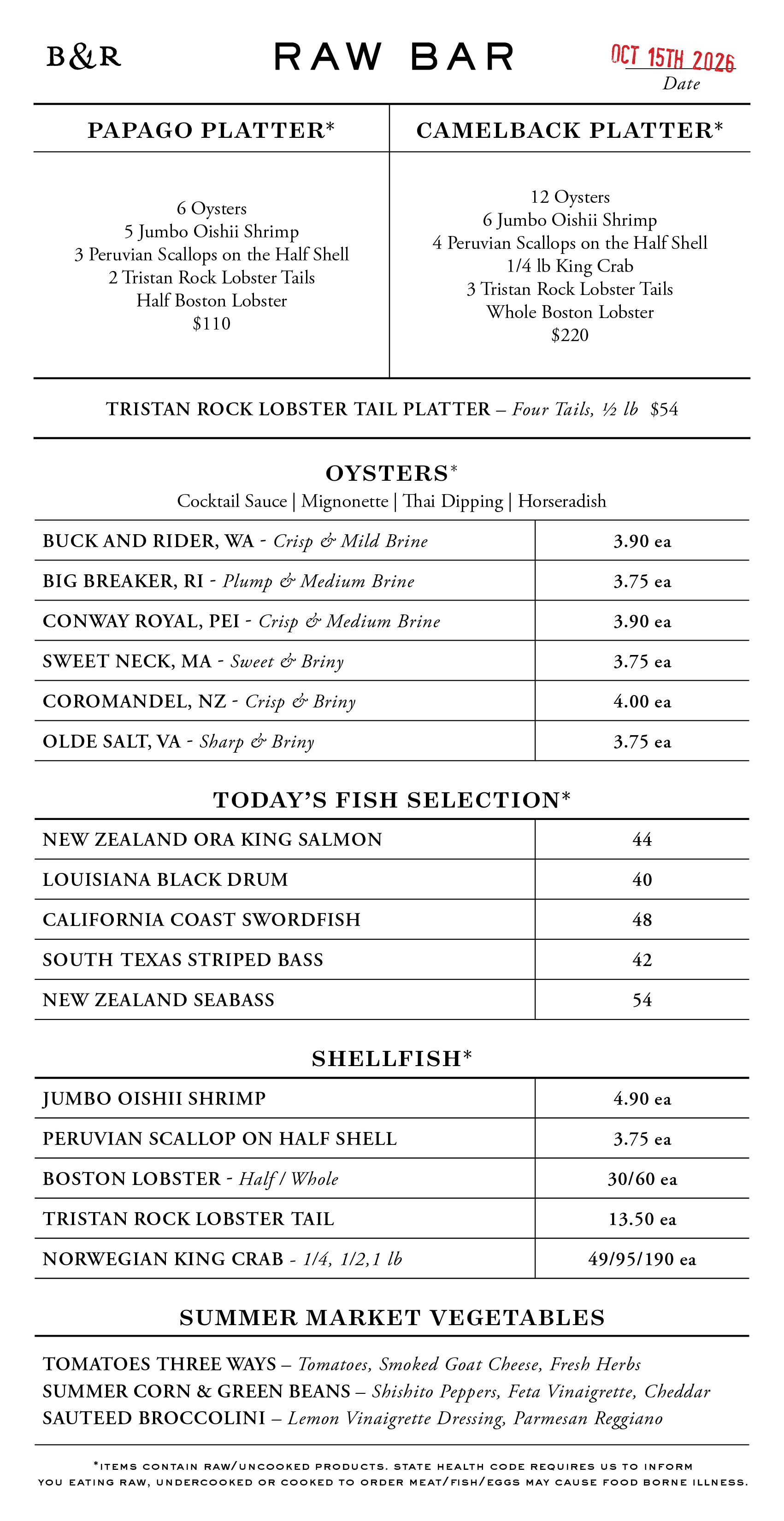 Raw Bar Menu