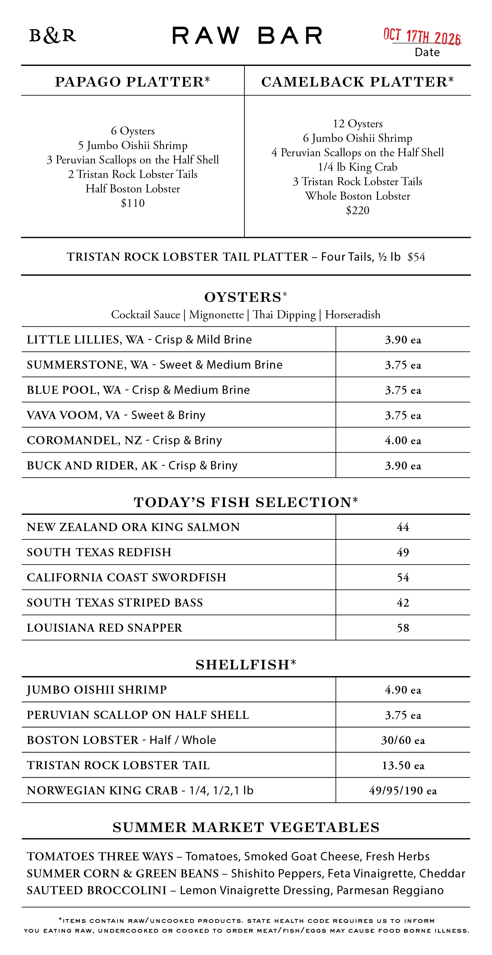 Raw Bar Menu