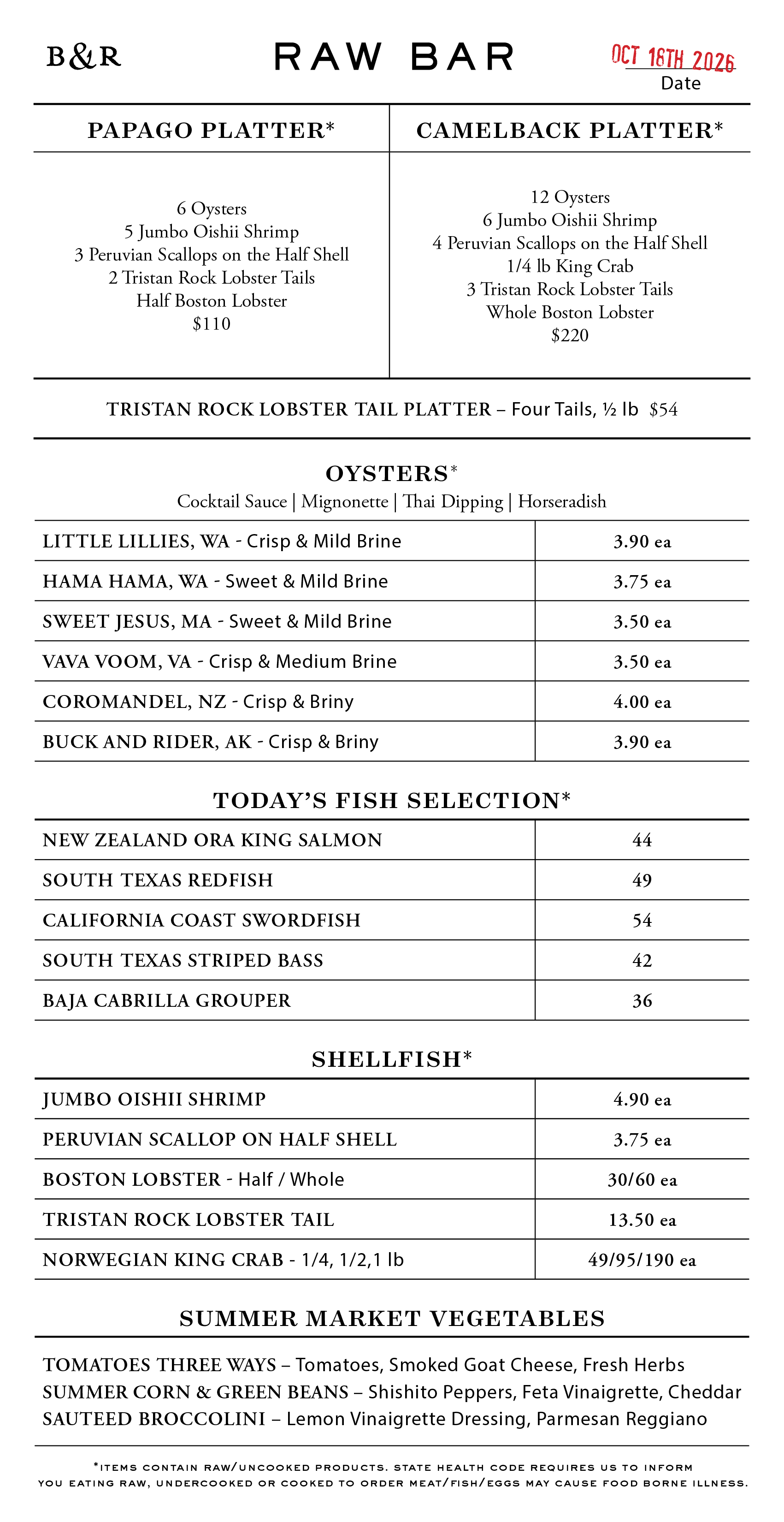 Raw Bar Menu