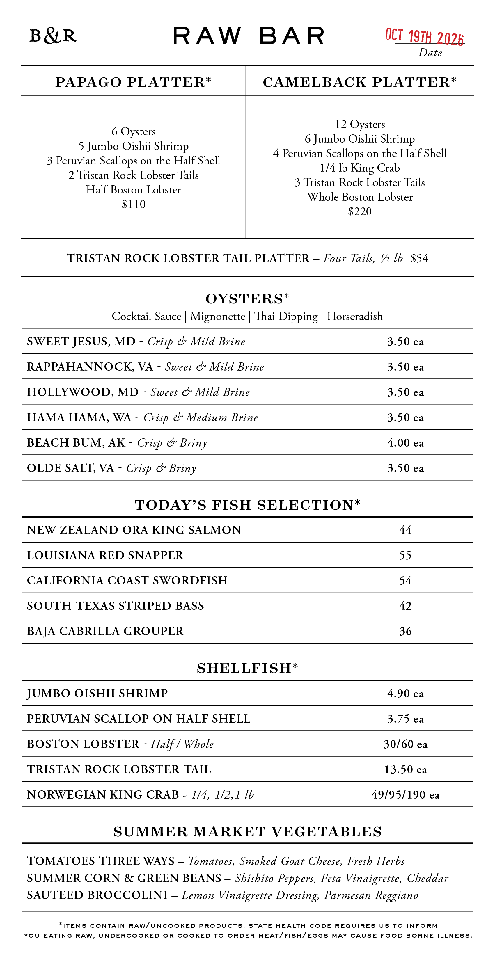 Raw Bar Menu