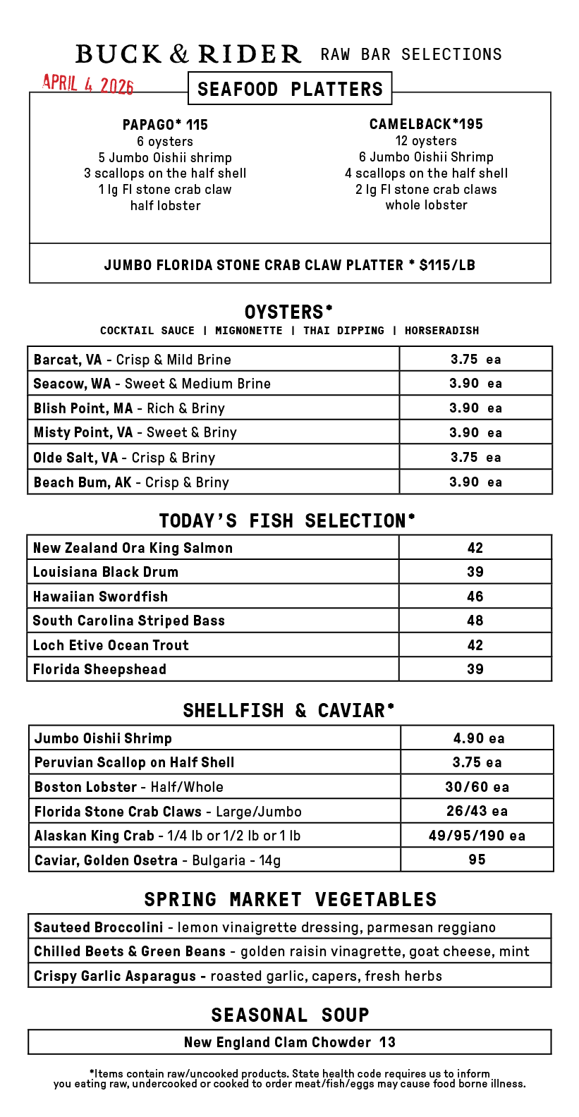 Raw Bar Menu