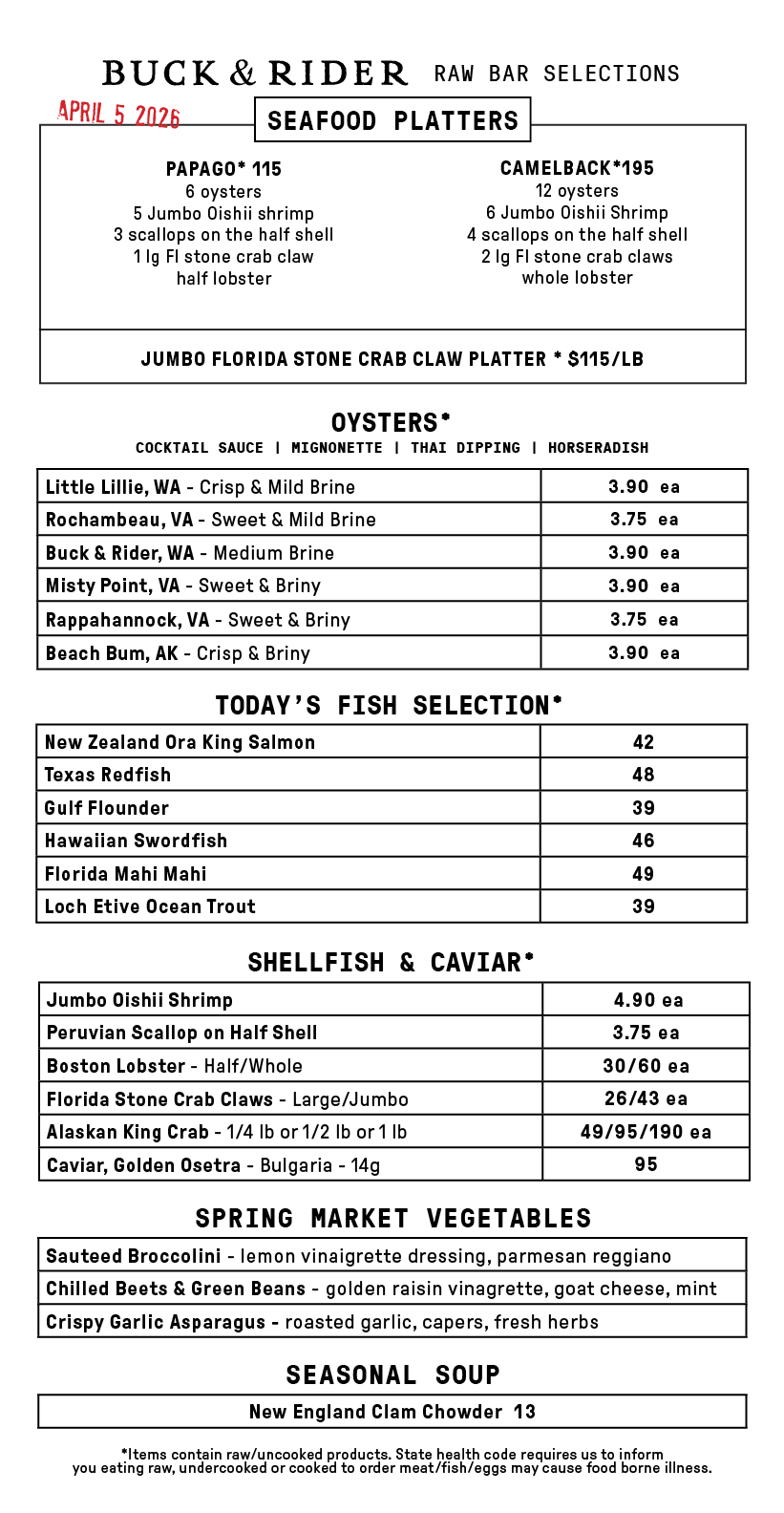 Raw Bar Menu