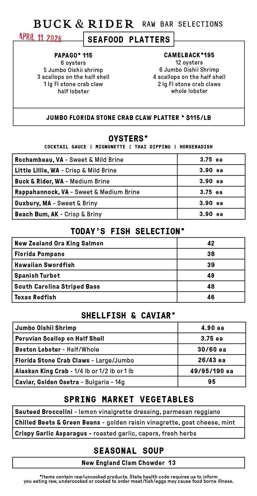 Raw Bar Menu