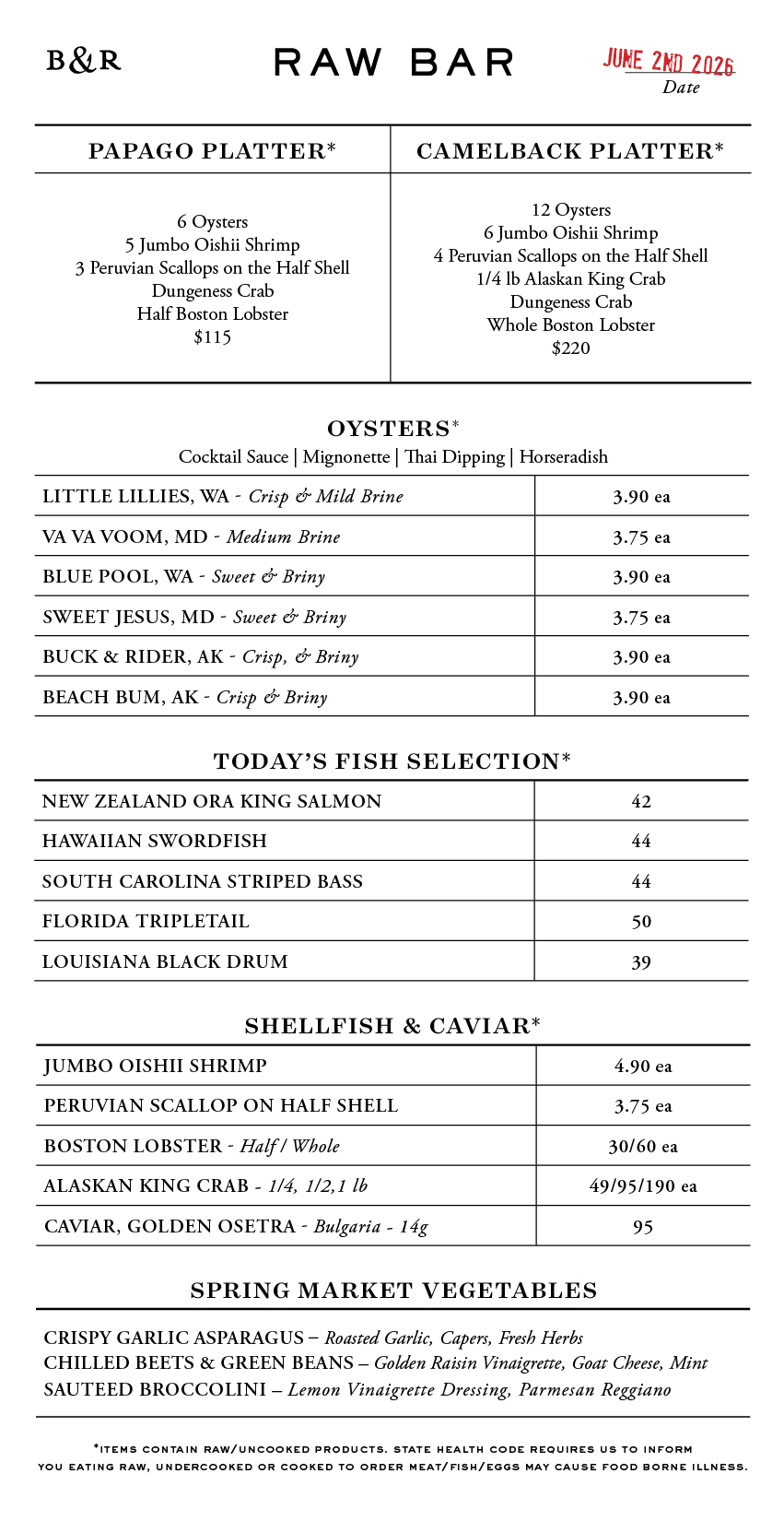 Raw Bar Menu
