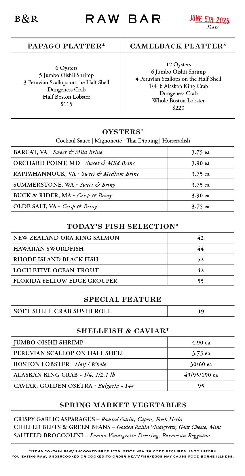 Raw Bar Menu