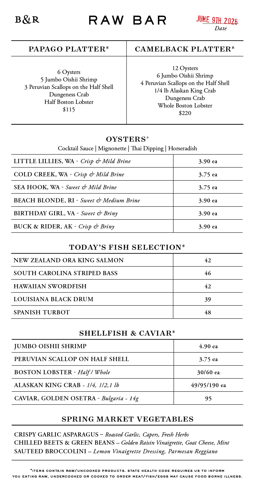Raw Bar Menu