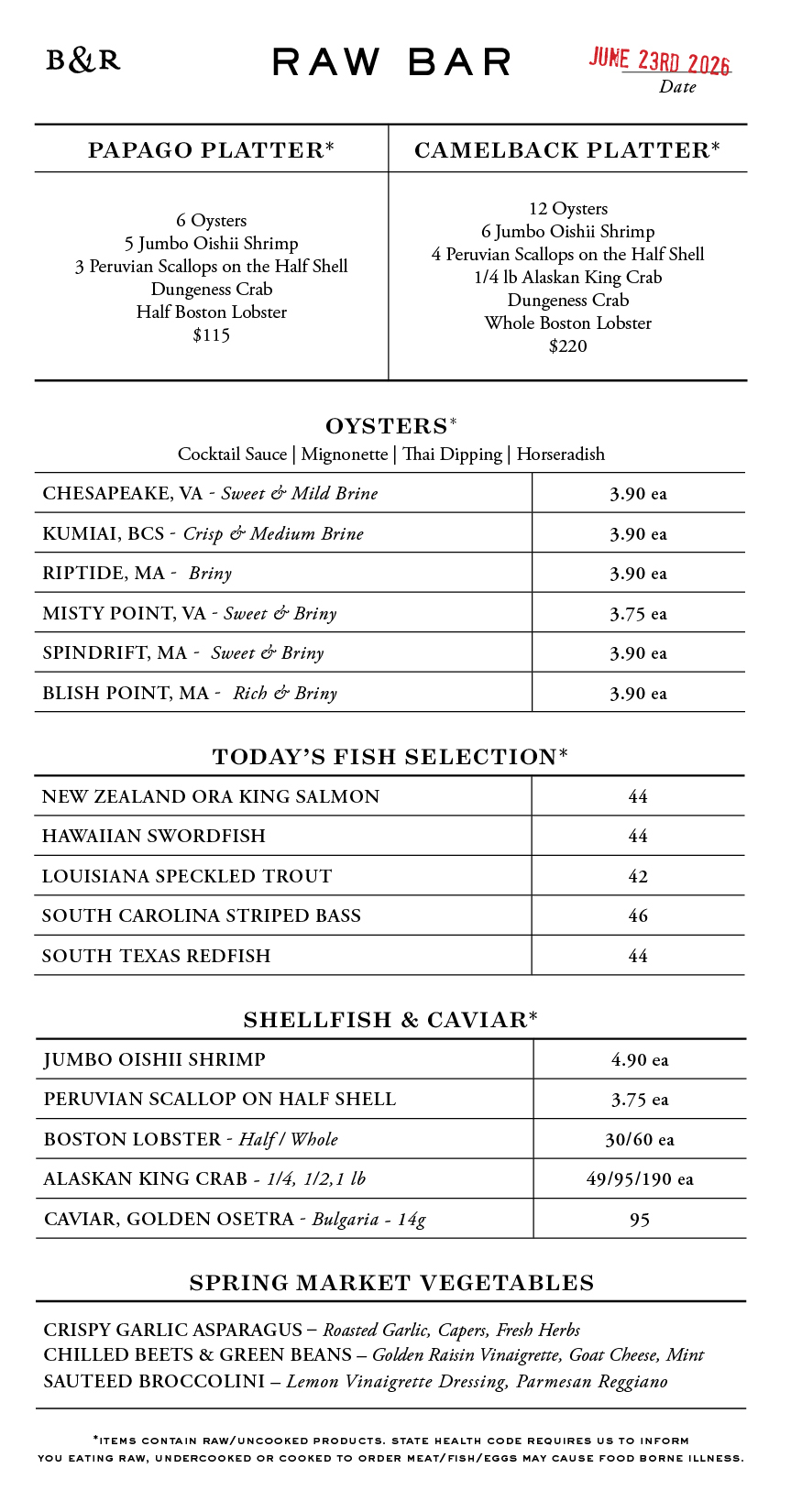 Raw Bar Menu