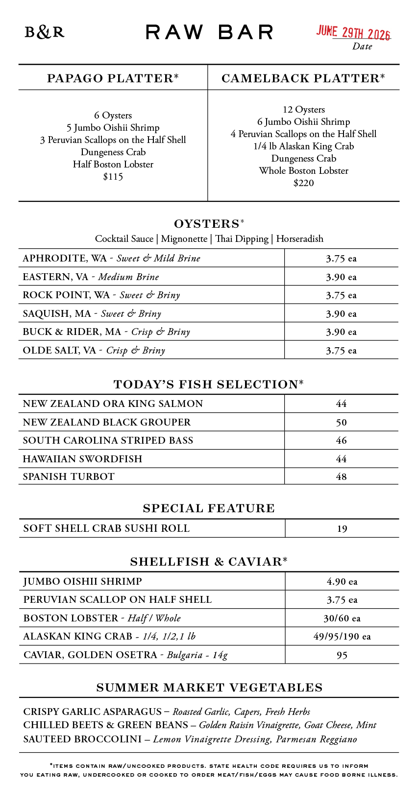 Raw Bar Menu