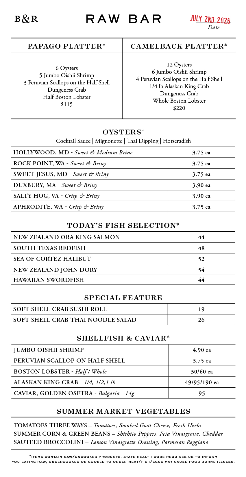 Raw Bar Menu