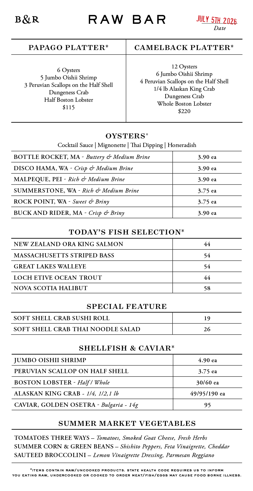 Raw Bar Menu